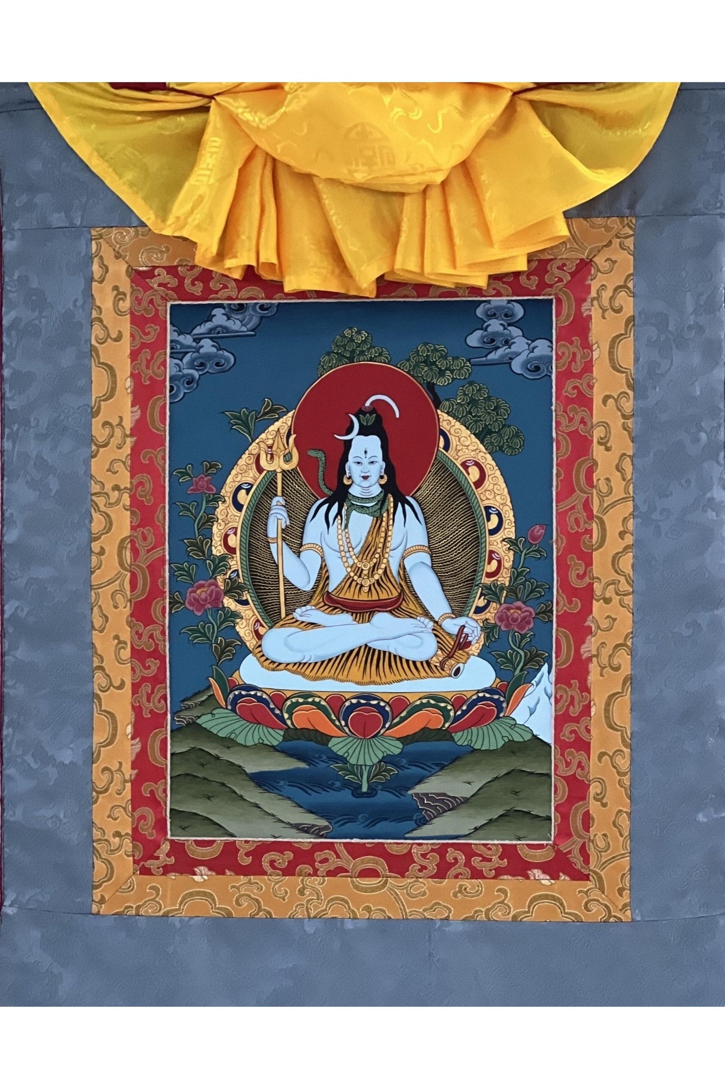 Lord Shiva Mahadeva Shankar Thangka Painting/ Original Masterpiece Art Framed with Silk Brocade - Tibetan Thangka Art