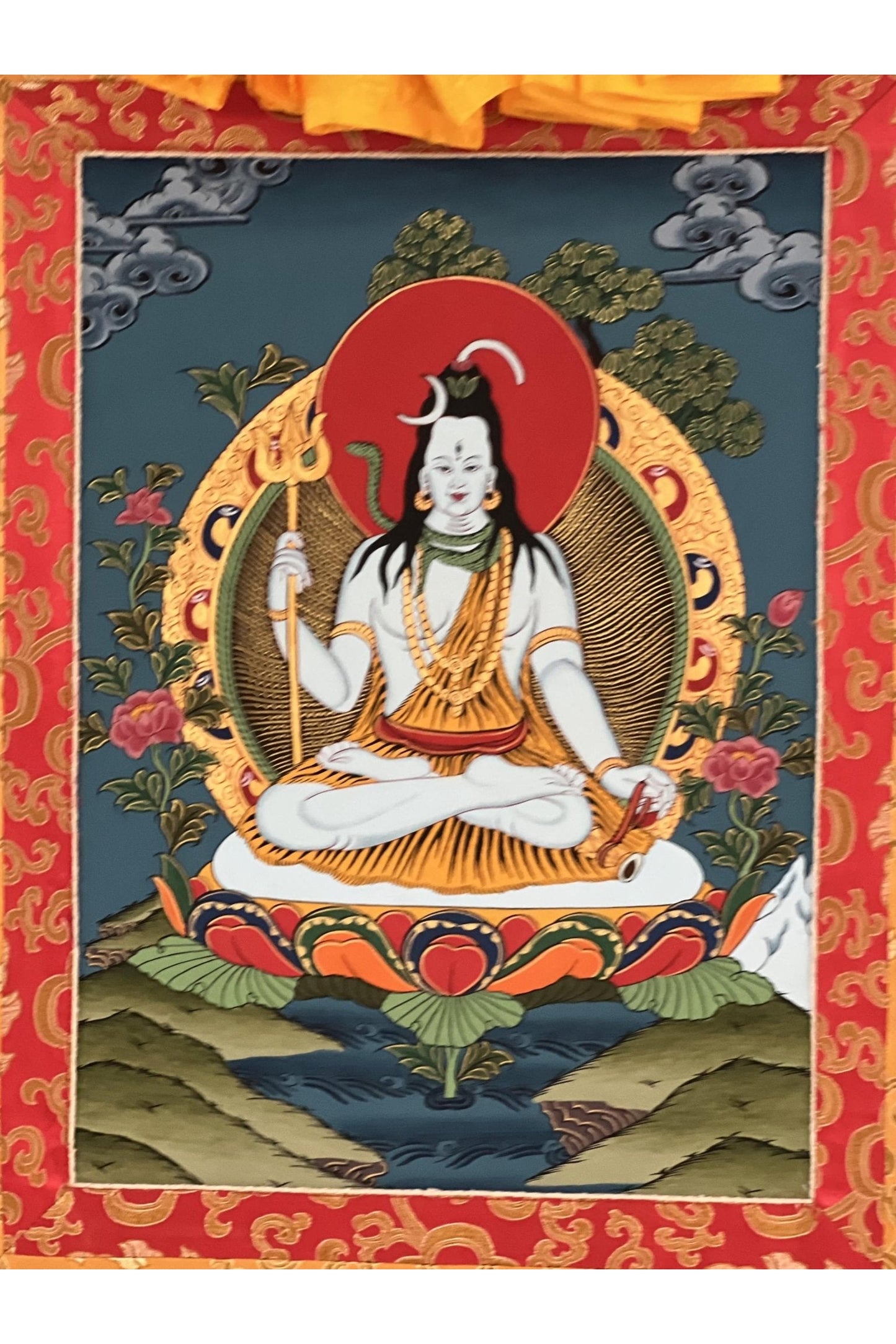 Lord Shiva Mahadeva Shankar Thangka Painting/ Original Masterpiece Art Framed with Silk Brocade - Tibetan Thangka Art