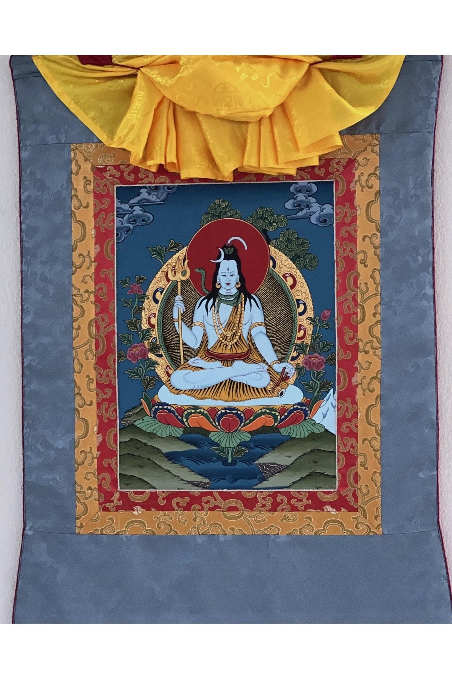 Lord Shiva Mahadeva Shankar Thangka Painting/ Original Masterpiece Art Framed with Silk Brocade - Tibetan Thangka Art