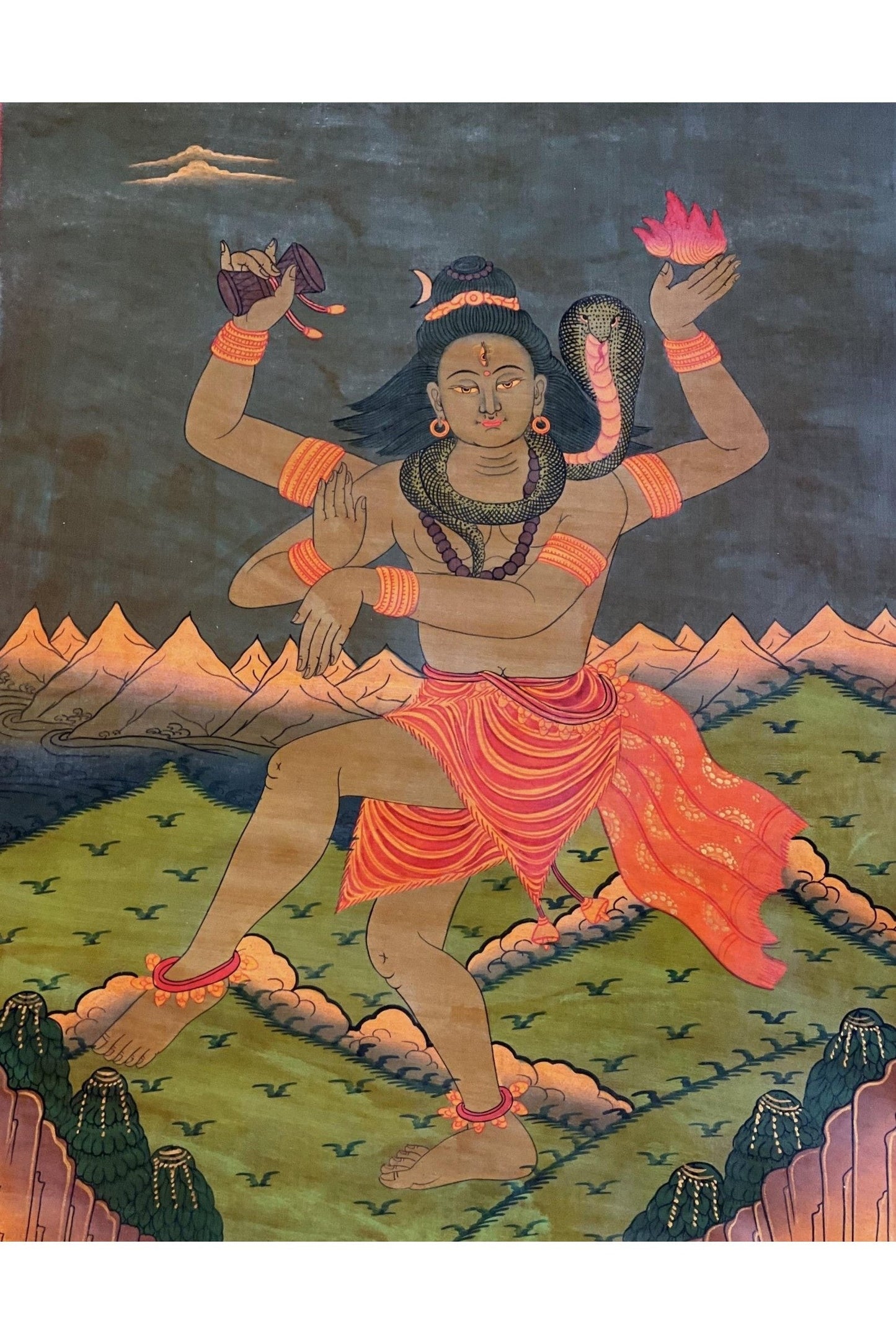 Lord Shiva/ Shankar/ Mahadeva Dancing in Kailash Masterpiece Old Oil Varnished Painting/ Original Hindu Art - Tibetan Thangka Art