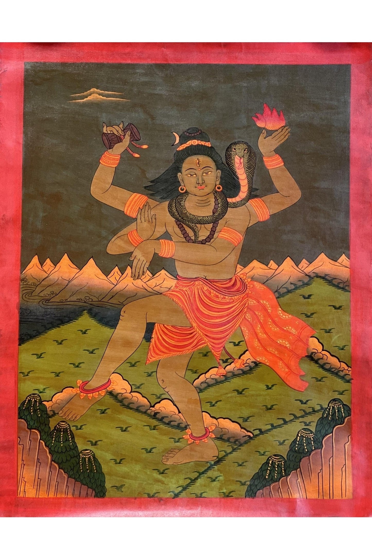 Lord Shiva/ Shankar/ Mahadeva Dancing in Kailash Masterpiece Old Oil Varnished Painting/ Original Hindu Art - Tibetan Thangka Art