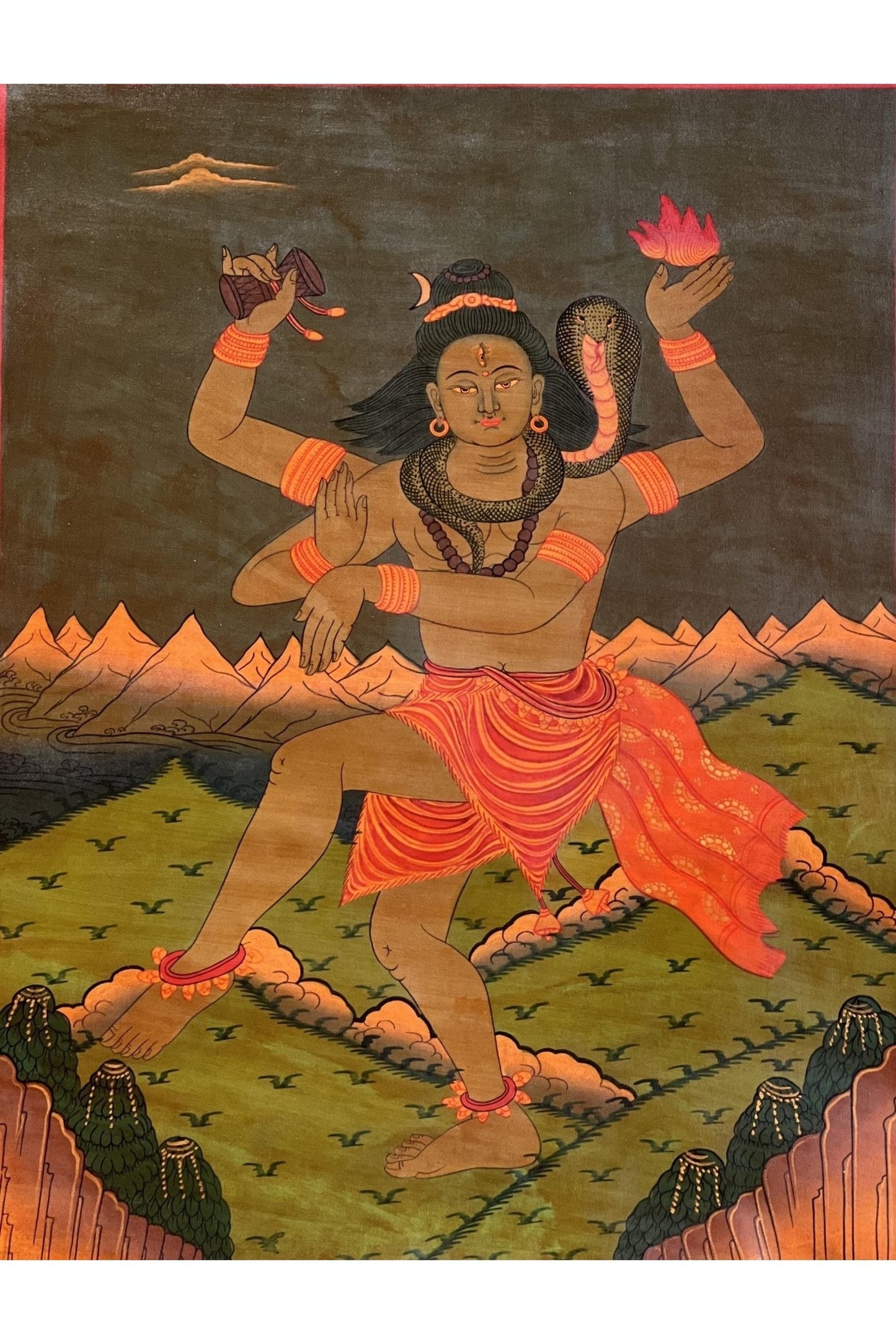 Lord Shiva/ Shankar/ Mahadeva Dancing in Kailash Masterpiece Old Oil Varnished Painting/ Original Hindu Art - Tibetan Thangka Art