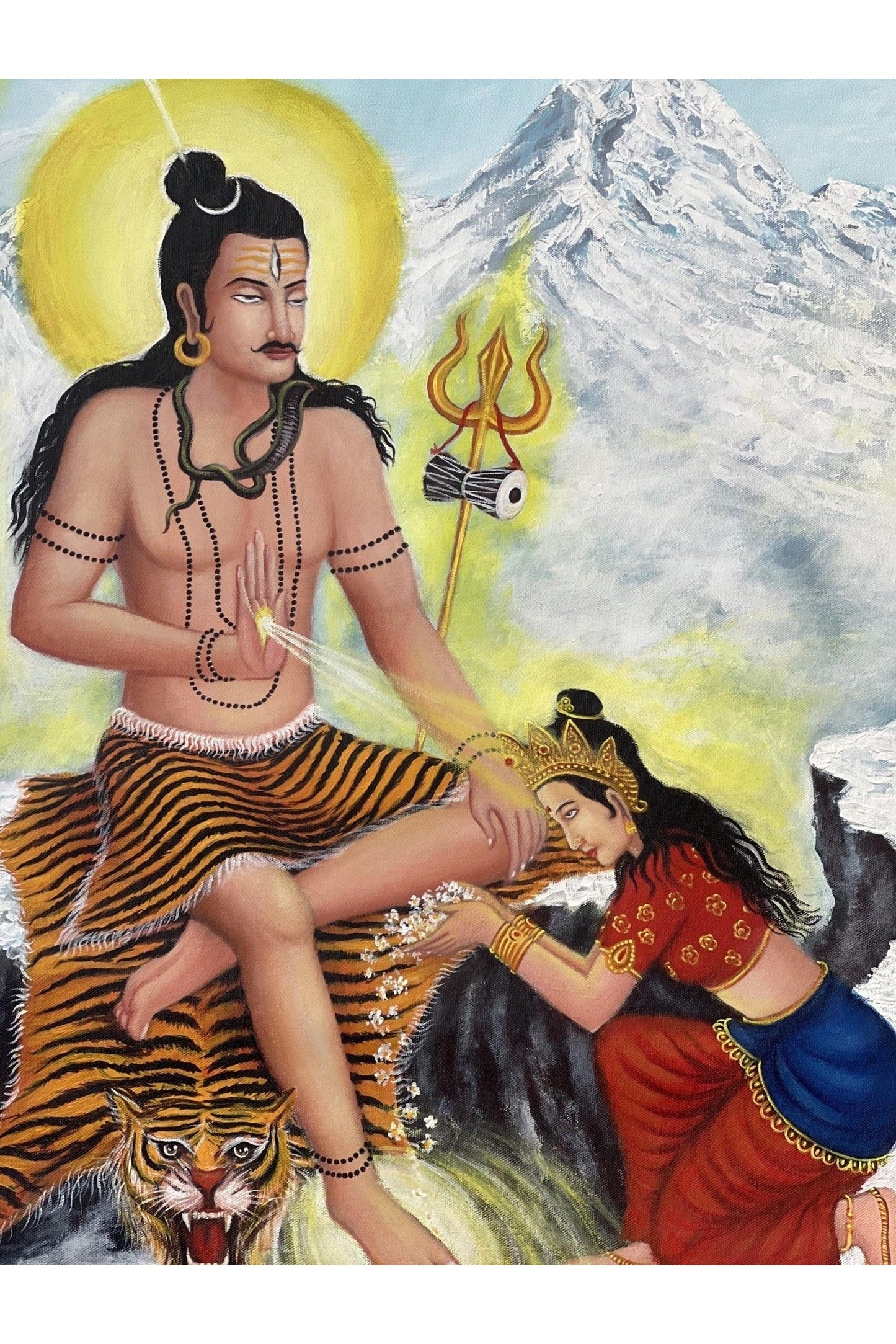 Lord Shiva with Mother Parvati Symbolizing Love and Devotion Large Masterpiece Acrylic Painting on canvas - Tibetan Thangka Art