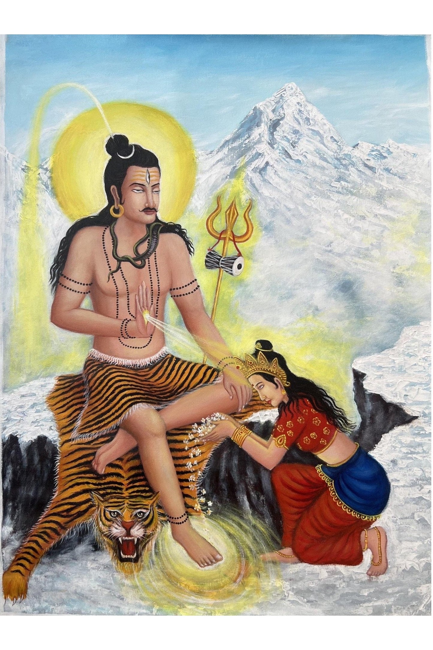 Lord Shiva with Mother Parvati Symbolizing Love and Devotion Large Masterpiece Acrylic Painting on canvas - Tibetan Thangka Art