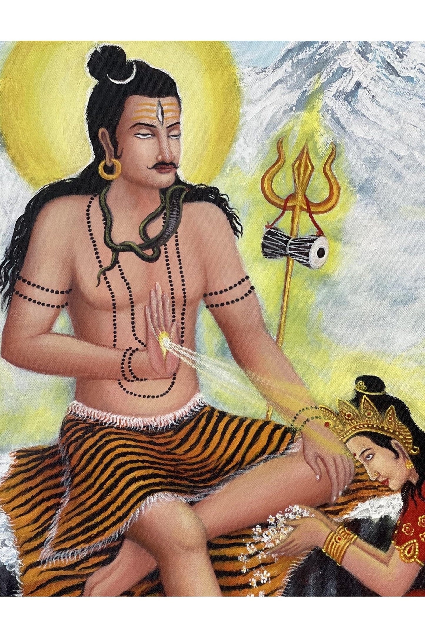 Lord Shiva with Mother Parvati Symbolizing Love and Devotion Large Masterpiece Acrylic Painting on canvas - Tibetan Thangka Art