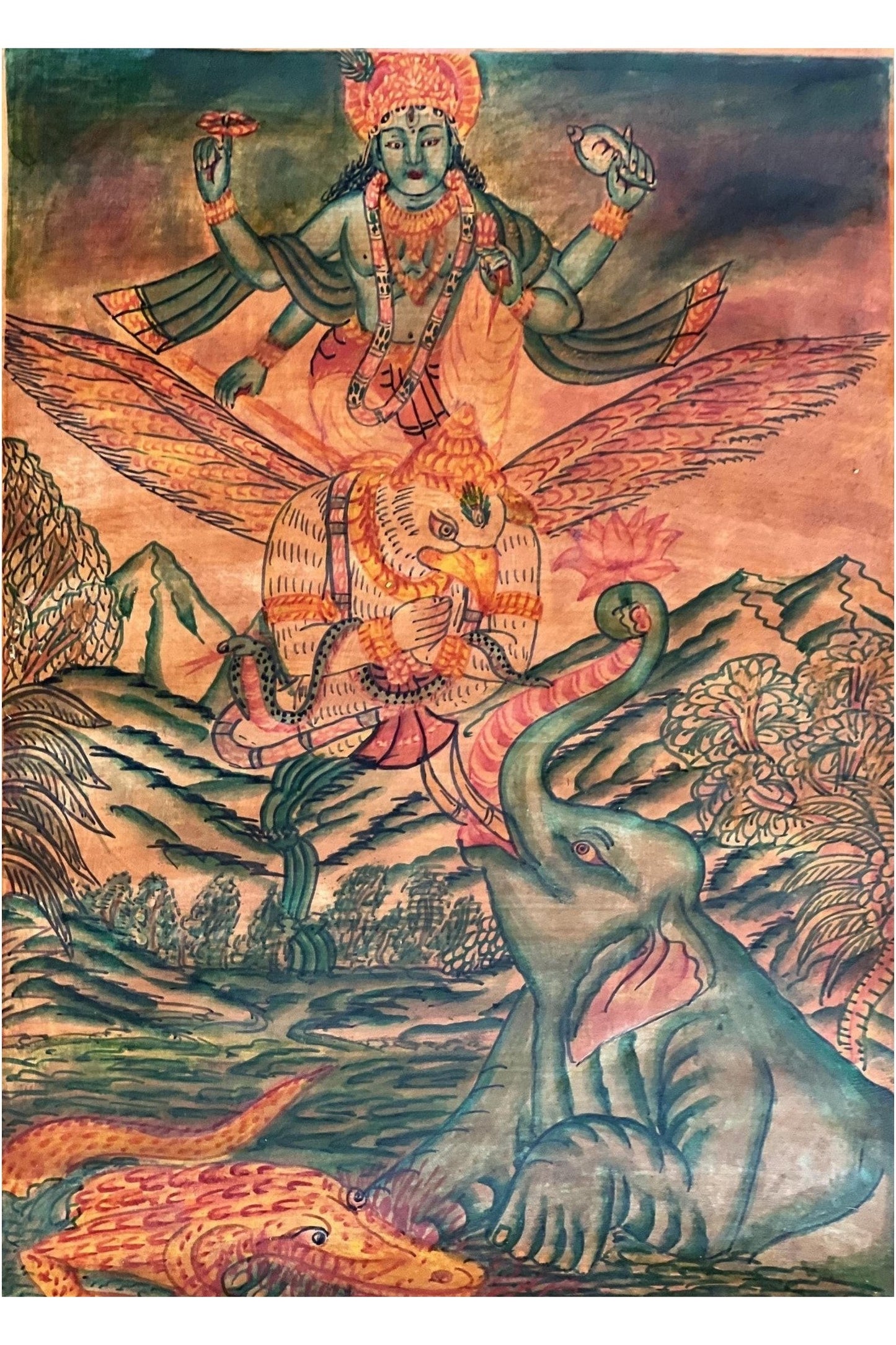 Lord Vishnu on Garuda Newari Hindu Painting/ Sacred Meditation/ Spiritual Enlightenment Old Oil Varnished Art with High - Quality Silk Brocade - Tibetan Thangka Art
