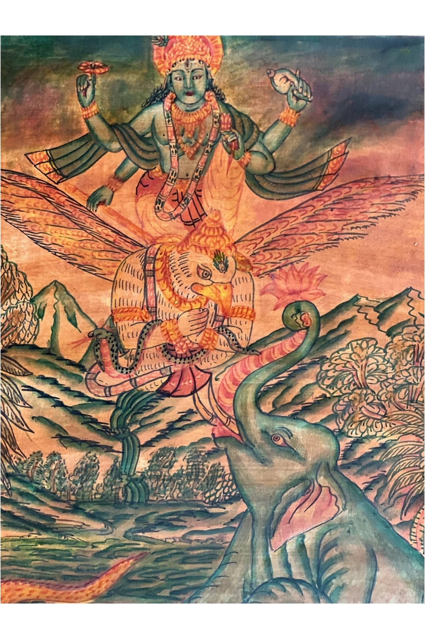 Lord Vishnu on Garuda Newari Hindu Painting/ Sacred Meditation/ Spiritual Enlightenment Old Oil Varnished Art with High - Quality Silk Brocade - Tibetan Thangka Art