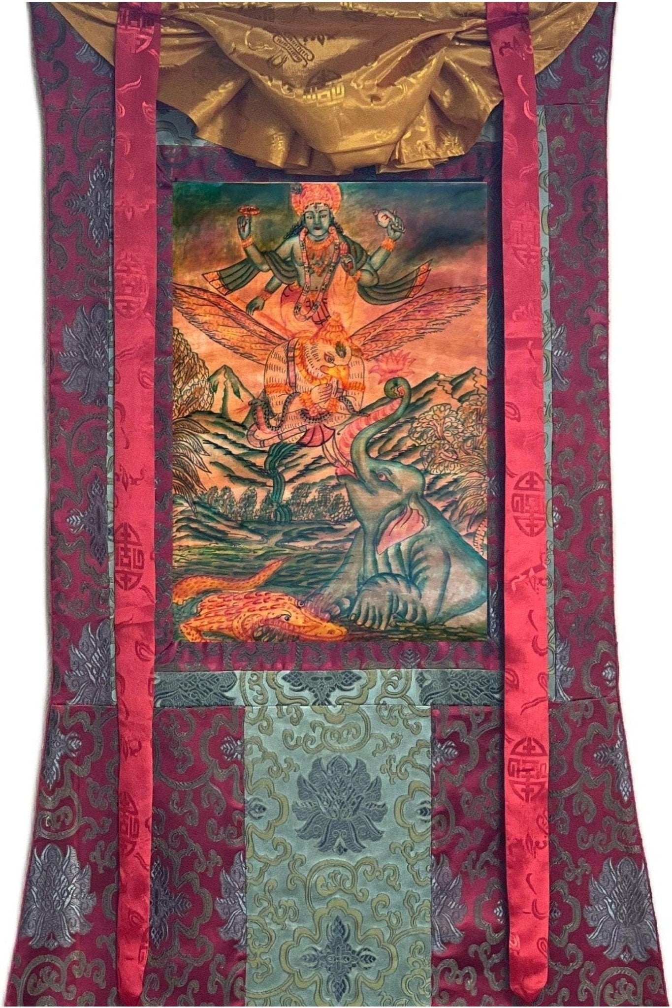Lord Vishnu on Garuda Newari Hindu Painting/ Sacred Meditation/ Spiritual Enlightenment Old Oil Varnished Art with High - Quality Silk Brocade - Tibetan Thangka Art