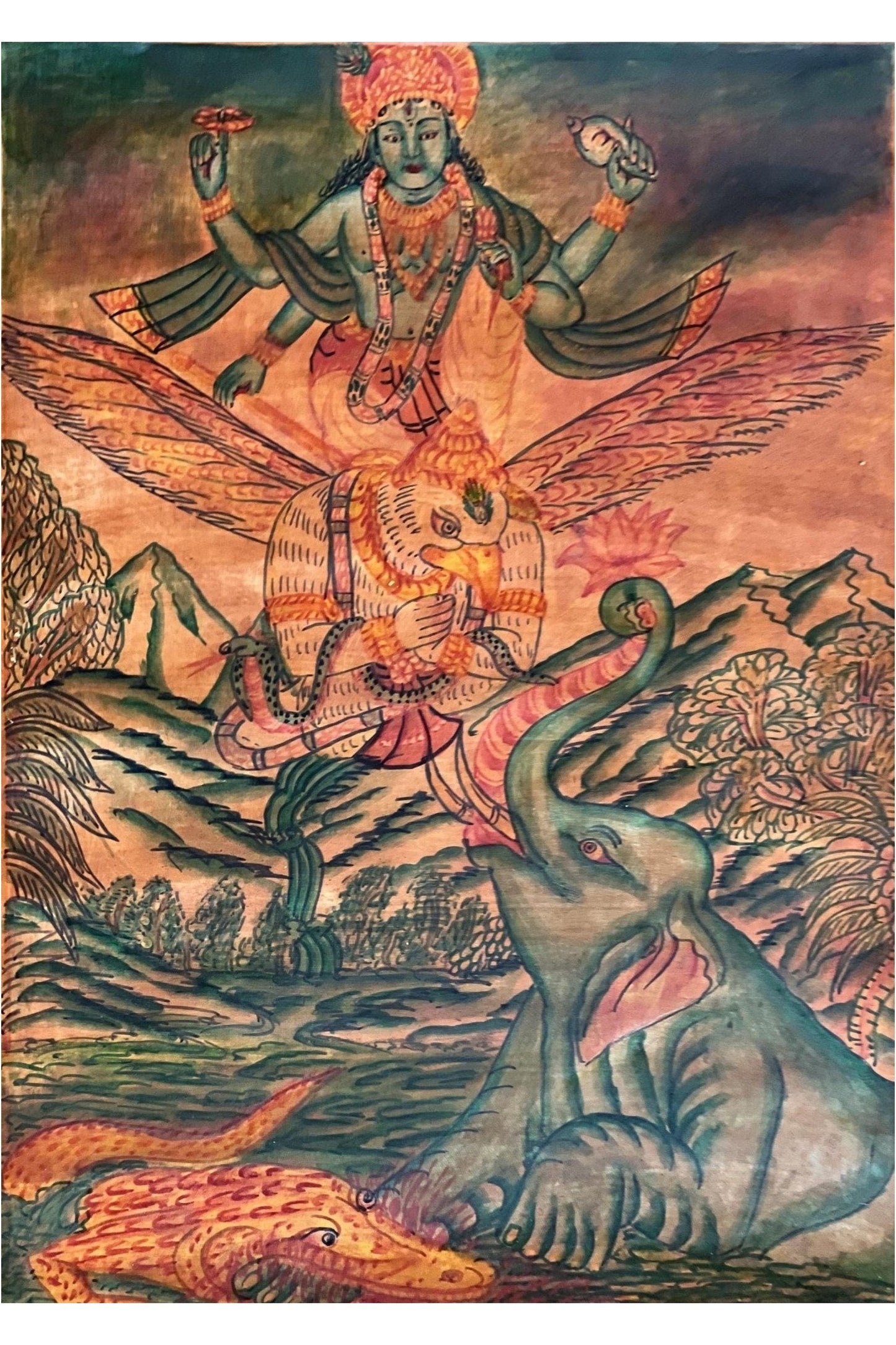 Lord Vishnu on Garuda Newari Hindu Painting/ Sacred Meditation/ Spiritual Enlightenment Old Oil Varnished Art with High - Quality Silk Brocade - Tibetan Thangka Art