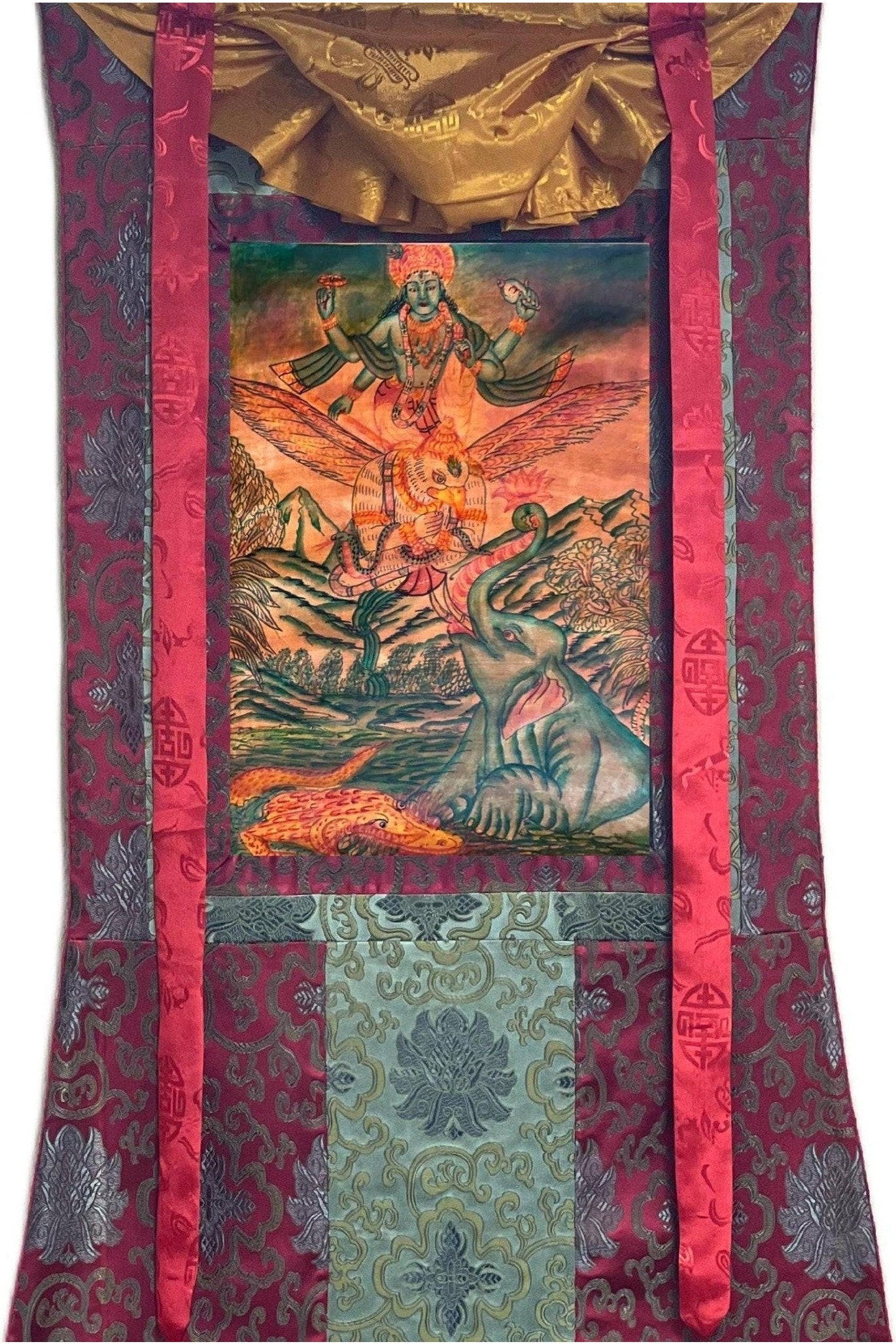 Lord Vishnu on Garuda Newari Hindu Painting/ Sacred Meditation/ Spiritual Enlightenment Old Oil Varnished Art with High - Quality Silk Brocade - Tibetan Thangka Art