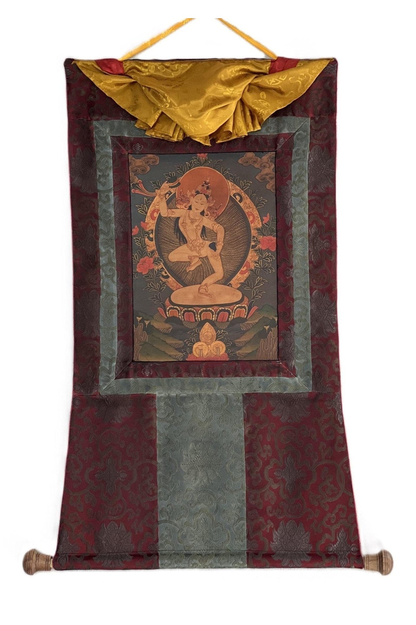 Machig Labdron/ Machilapche/Ahkon Chodron Old Oil Varnished Tibetan Thangka Painting/ Vajrayana Art for Practicing Chod with Silk Brocade - Tibetan Thangka Art