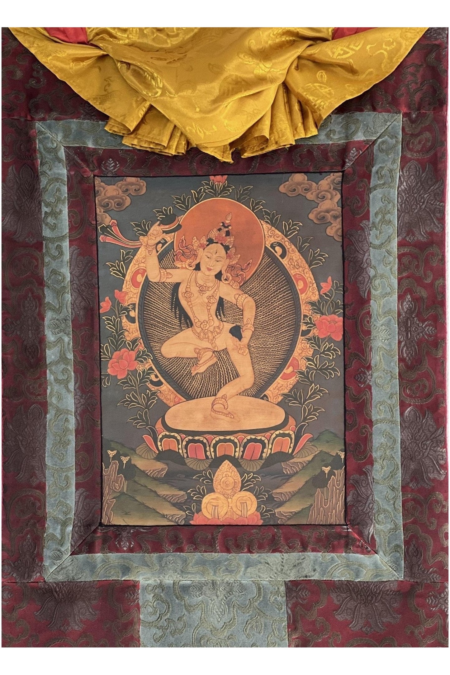 Machig Labdron/ Machilapche/Ahkon Chodron Old Oil Varnished Tibetan Thangka Painting/ Vajrayana Art for Practicing Chod with Silk Brocade - Tibetan Thangka Art