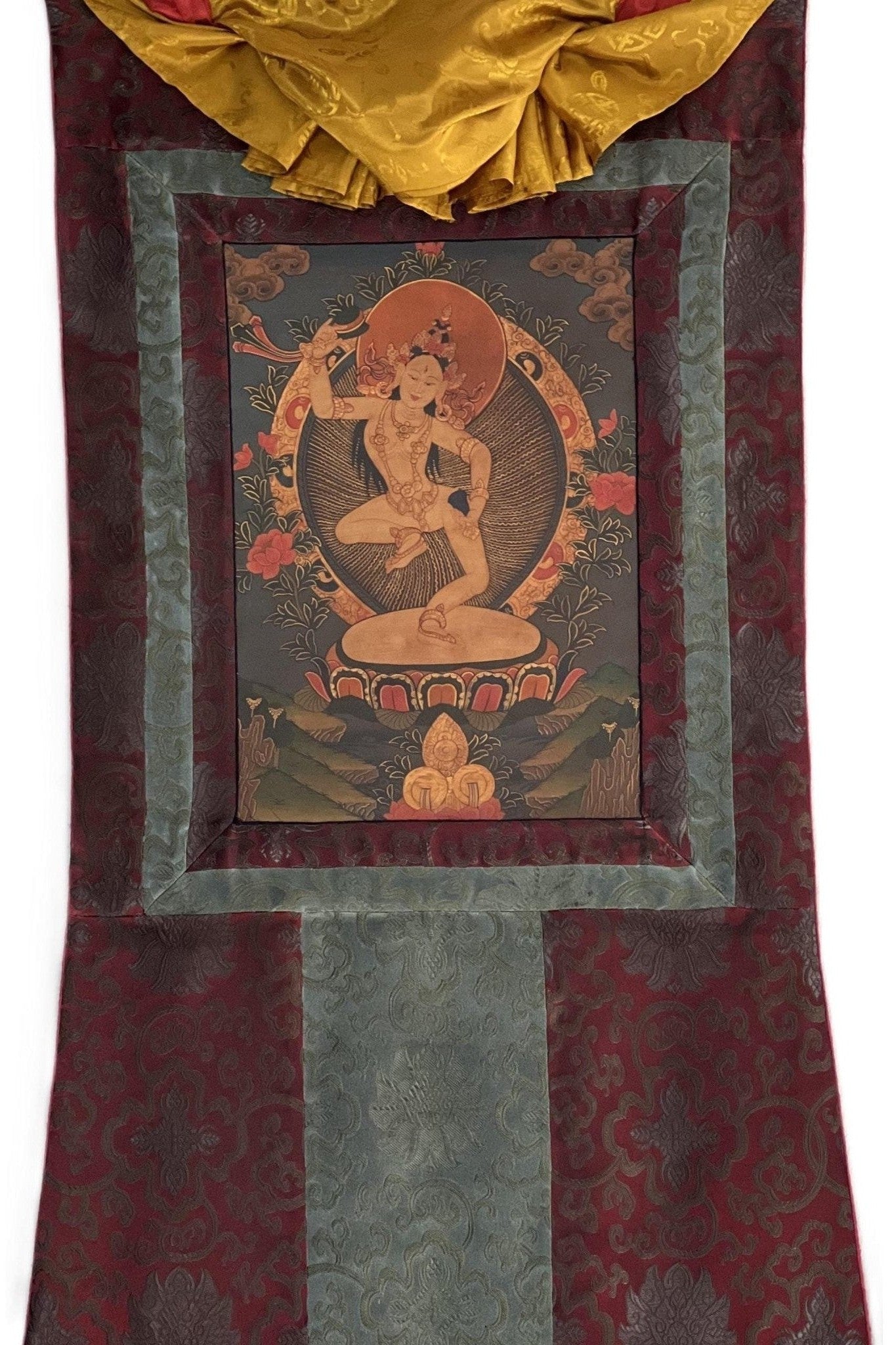 Machig Labdron/ Machilapche/Ahkon Chodron Old Oil Varnished Tibetan Thangka Painting/ Vajrayana Art for Practicing Chod with Silk Brocade - Tibetan Thangka Art
