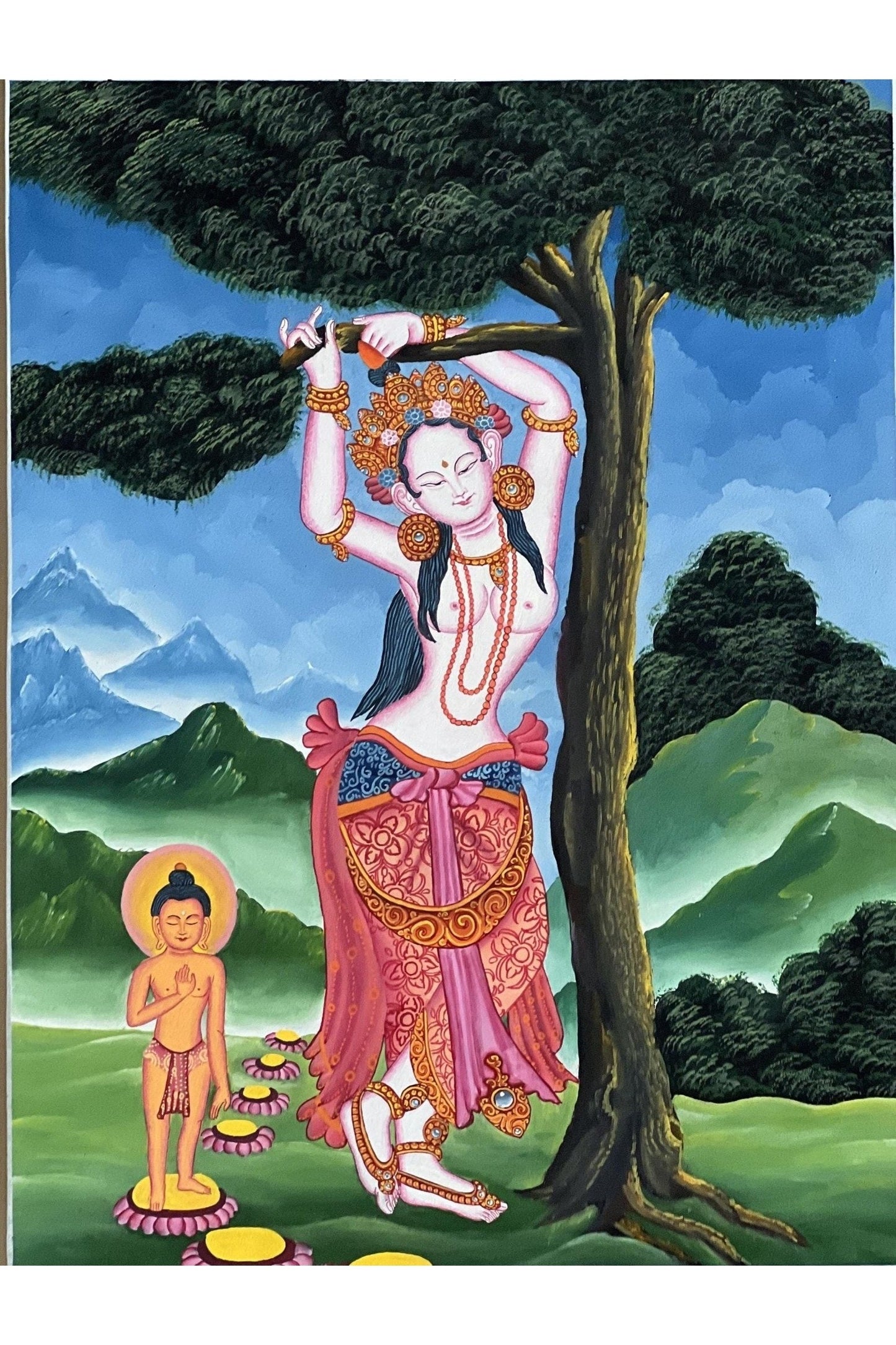 Maha Maya/ Mayadevi/Queen of Kapilvastu Giving Birth to Buddha under Sal Tree Newari Paubha Painting Original Masterpiece Buddhist Art - Tibetan Thangka Art