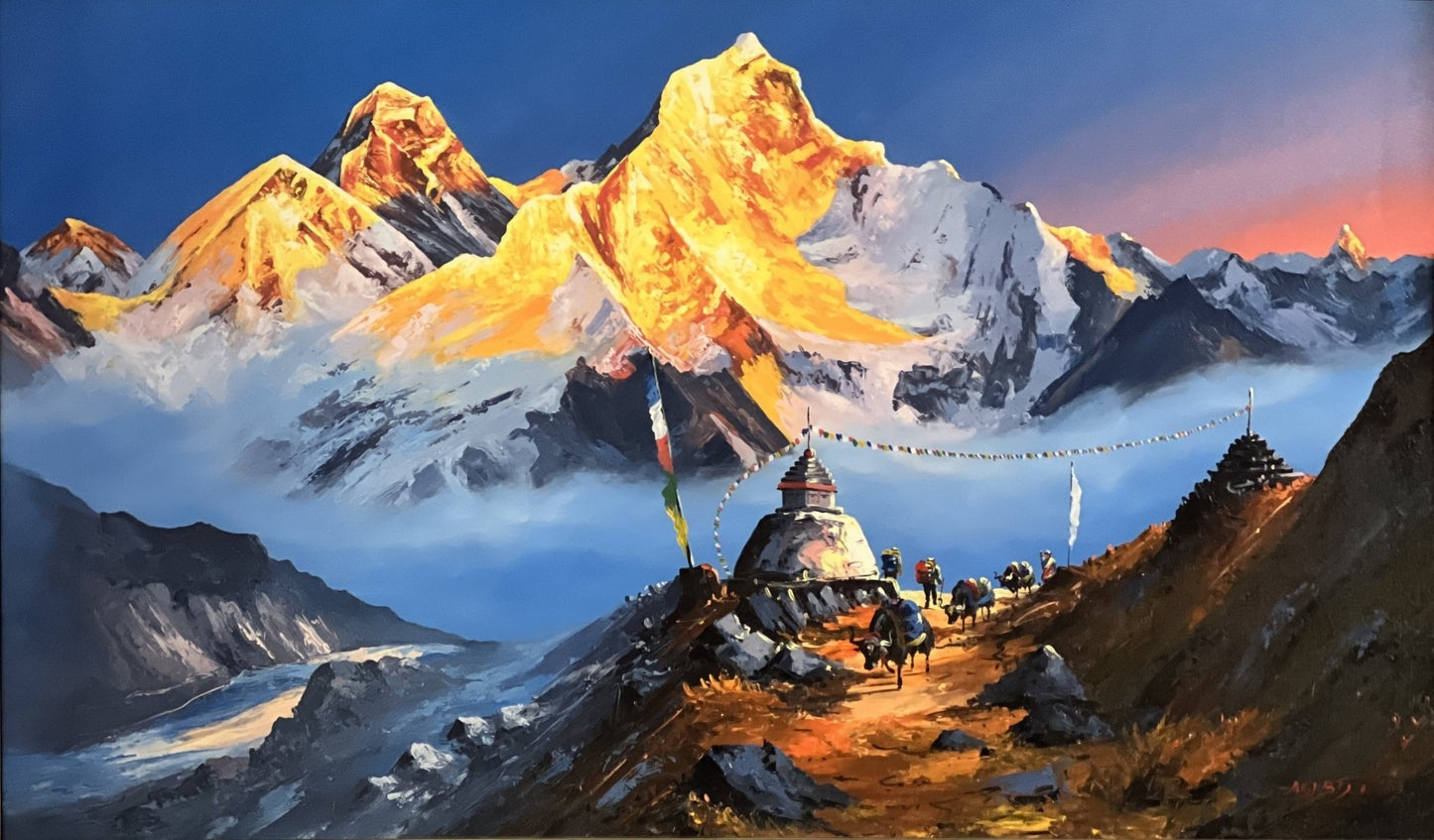Majestic Mount Everest: The Highest Peak in the World/ Sunrise View from Gokyo Lake/ Acrylic Painting on Canvas 3 x 6 Feet - Tibetan Thangka Art