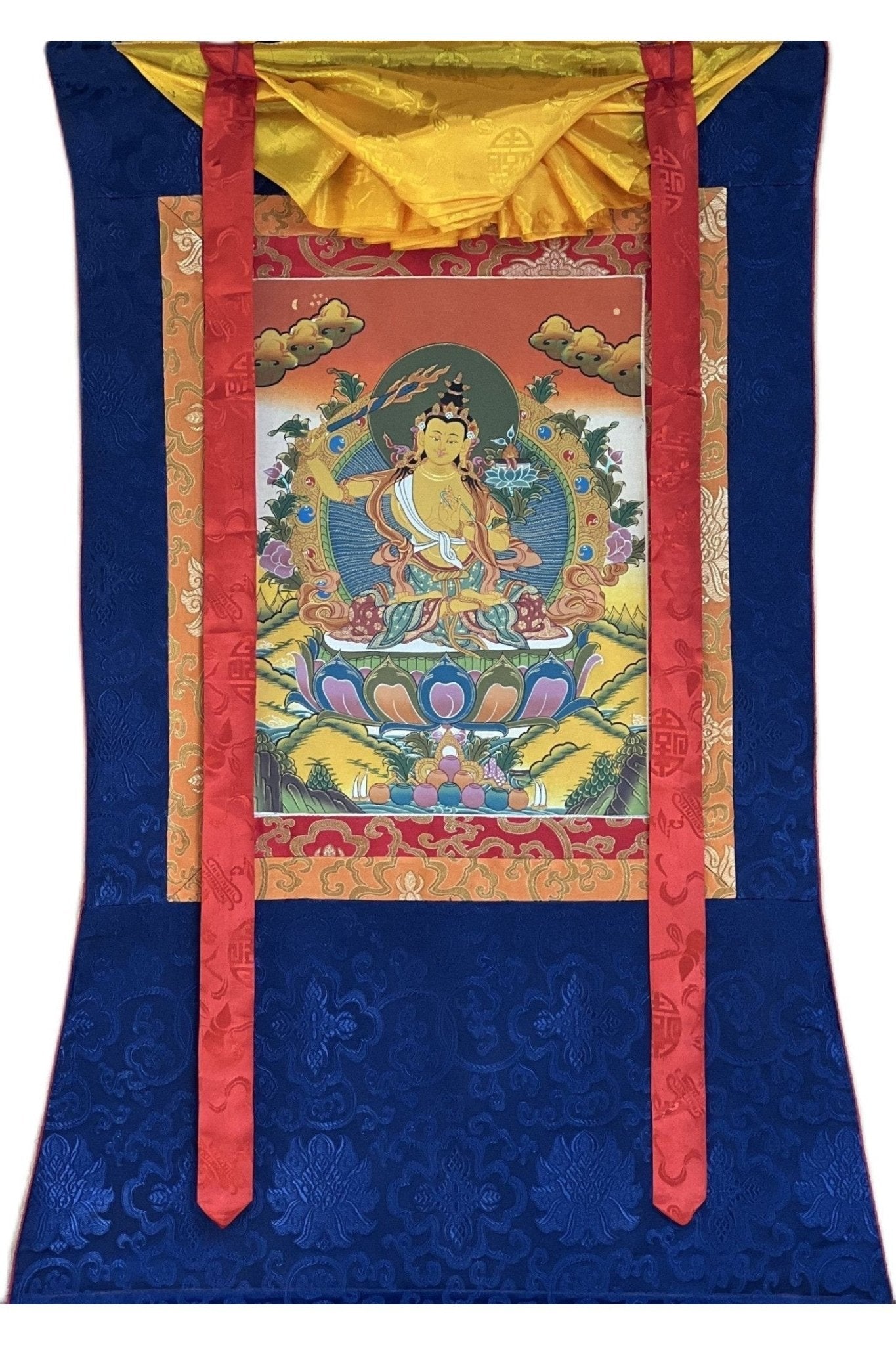 Manjushri/ Manjusri/ Manjushree/ Bodhisattva of Compassion Original Hand - painted Tibetan Thangka Painting/ Meditation Art With Silk Border - Tibetan Thangka Art