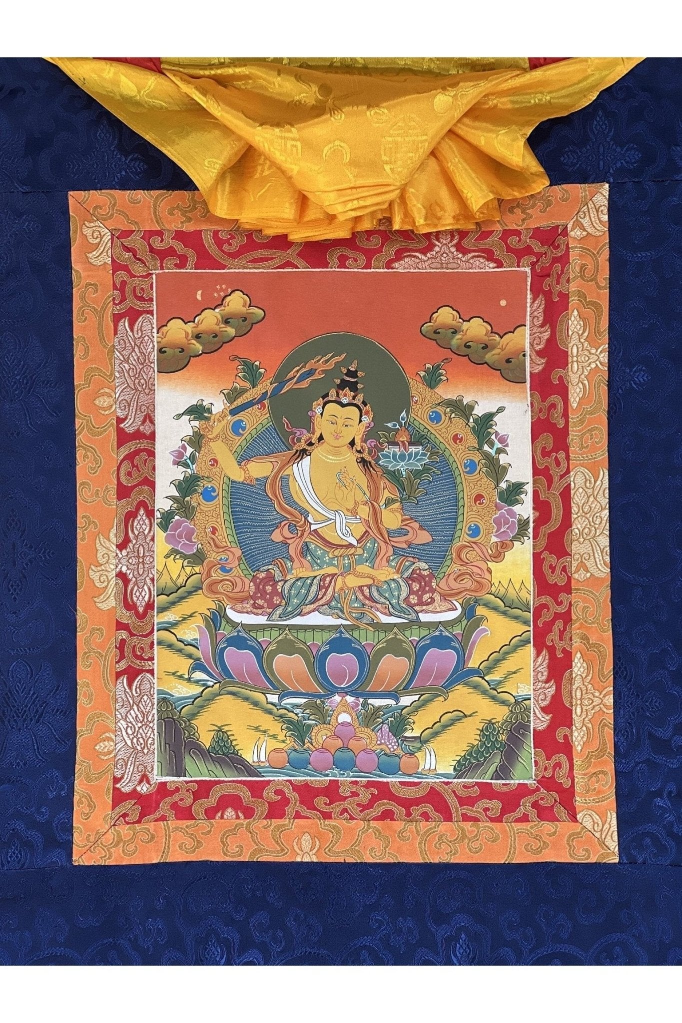 Manjushri/ Manjusri/ Manjushree/ Bodhisattva of Compassion Original Hand - painted Tibetan Thangka Painting/ Meditation Art With Silk Border - Tibetan Thangka Art