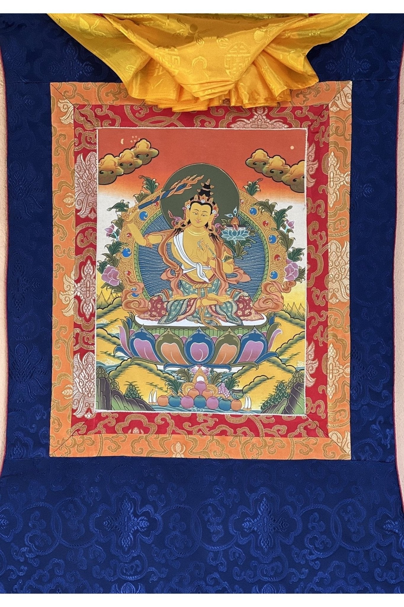 Manjushri/ Manjusri/ Manjushree/ Bodhisattva of Compassion Original Hand - painted Tibetan Thangka Painting/ Meditation Art With Silk Border - Tibetan Thangka Art