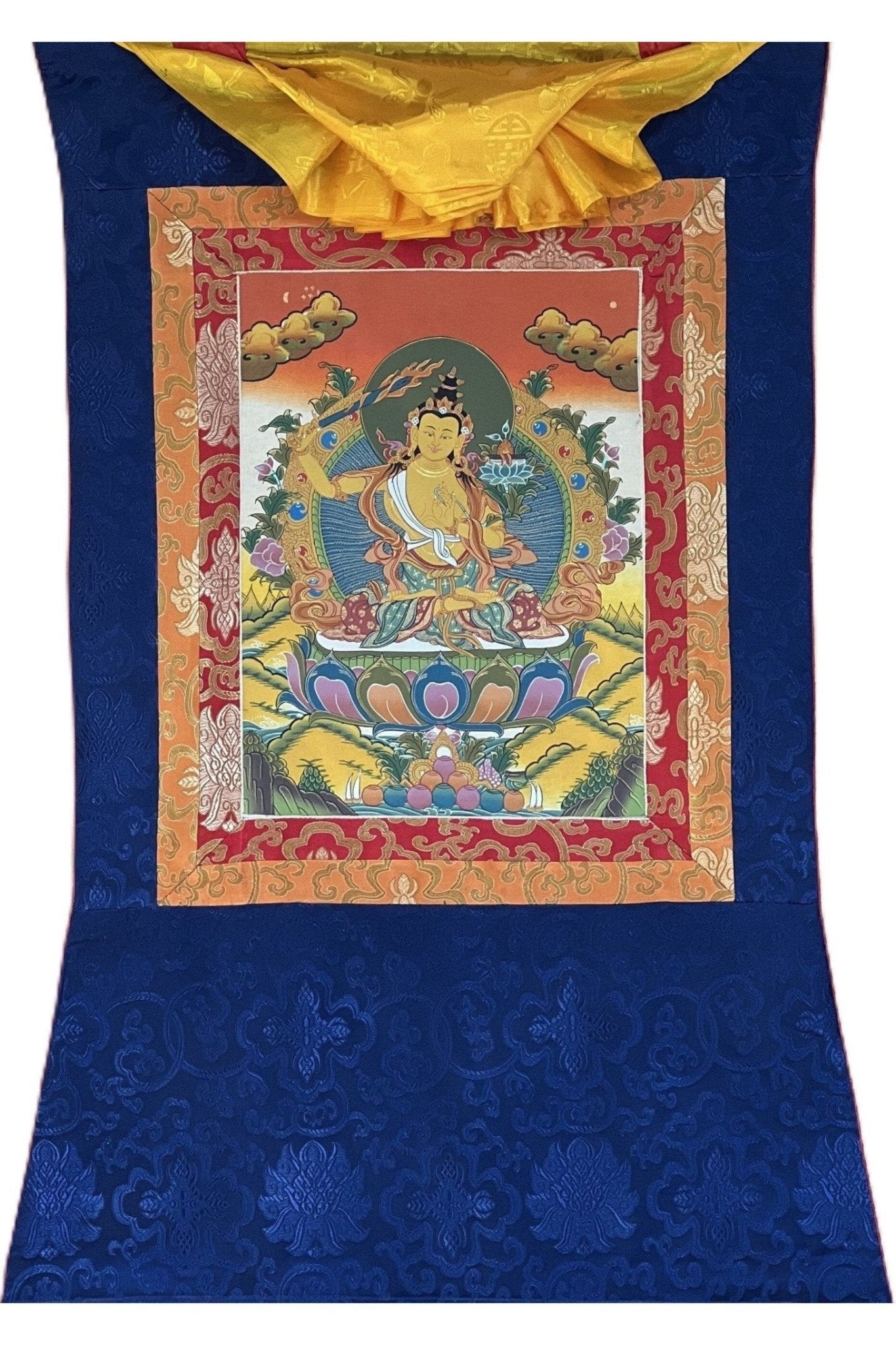 Manjushri/ Manjusri/ Manjushree/ Bodhisattva of Compassion Original Hand - painted Tibetan Thangka Painting/ Meditation Art With Silk Border - Tibetan Thangka Art