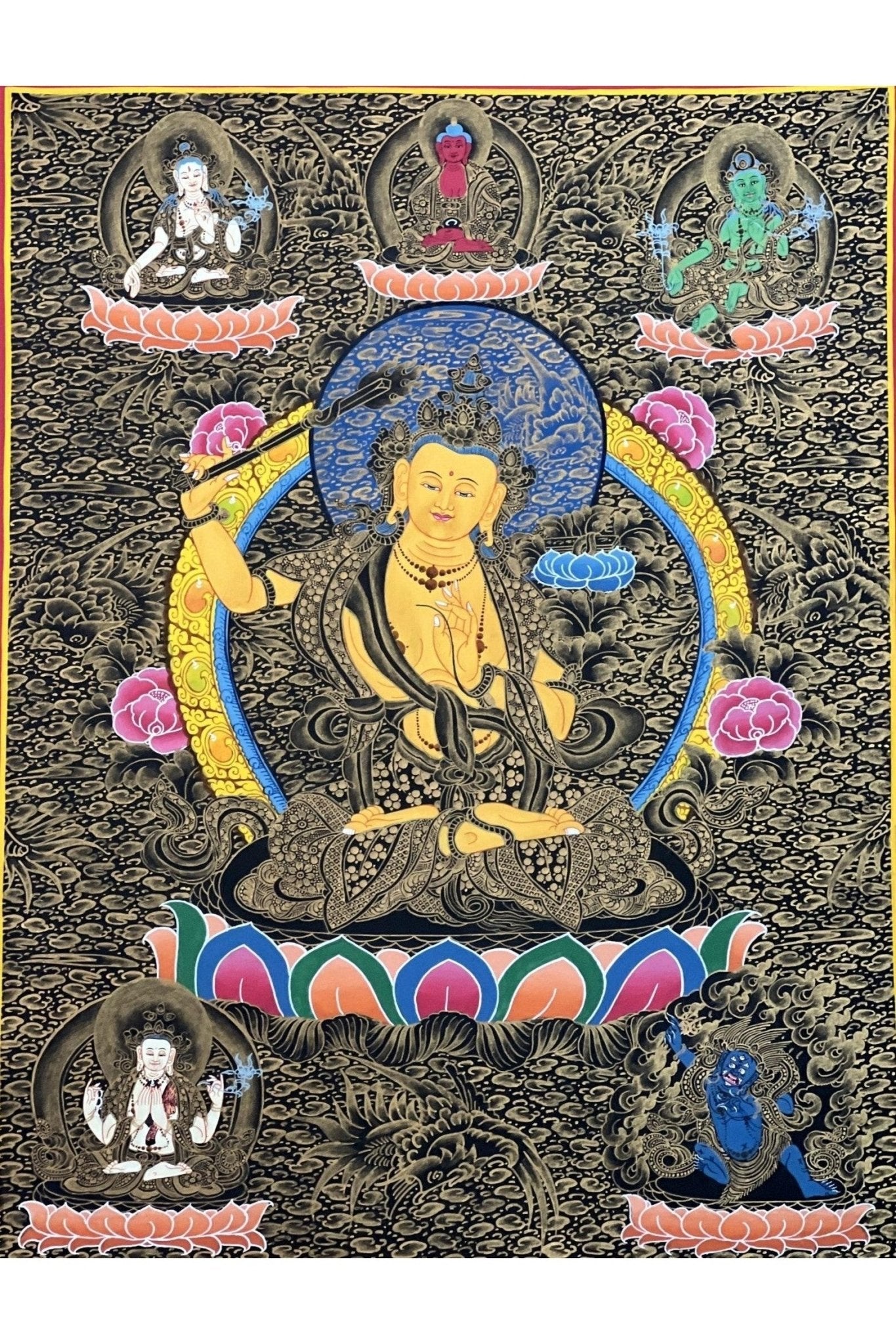 Manjushri/ Manjusri/ Manjushree Bodhisattva of Wisdom High - Quality Masterpiece Tibetan Thangka Painting Original Buddhist Art - Tibetan Thangka Art