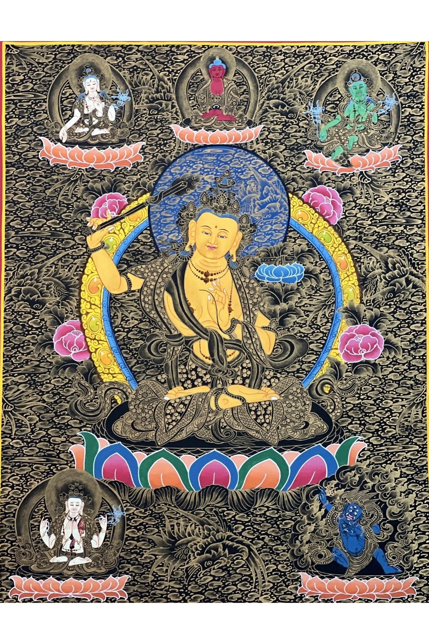 Manjushri/ Manjusri/ Manjushree Bodhisattva of Wisdom High - Quality Masterpiece Tibetan Thangka Painting Original Buddhist Art - Tibetan Thangka Art