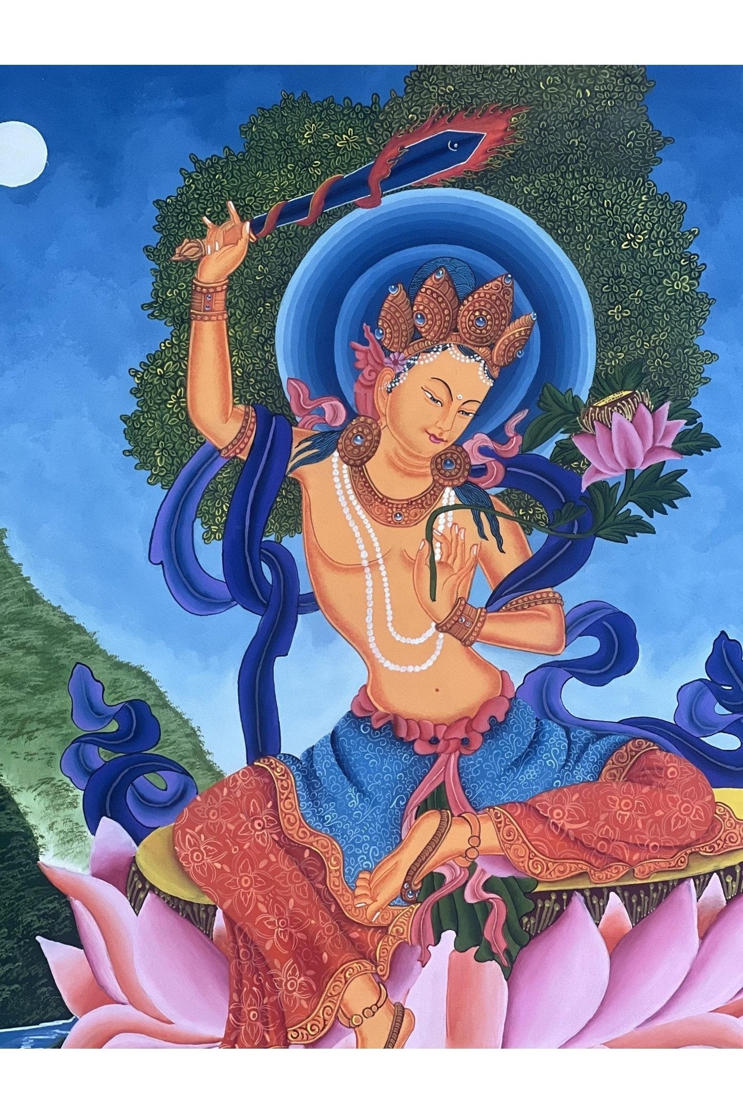 Manjushri/ Manjusri/ Manjushree God of wisdom Original Masterpiece Newari Paubha Thangka Painting Meditation Art from Nepal - Tibetan Thangka Art