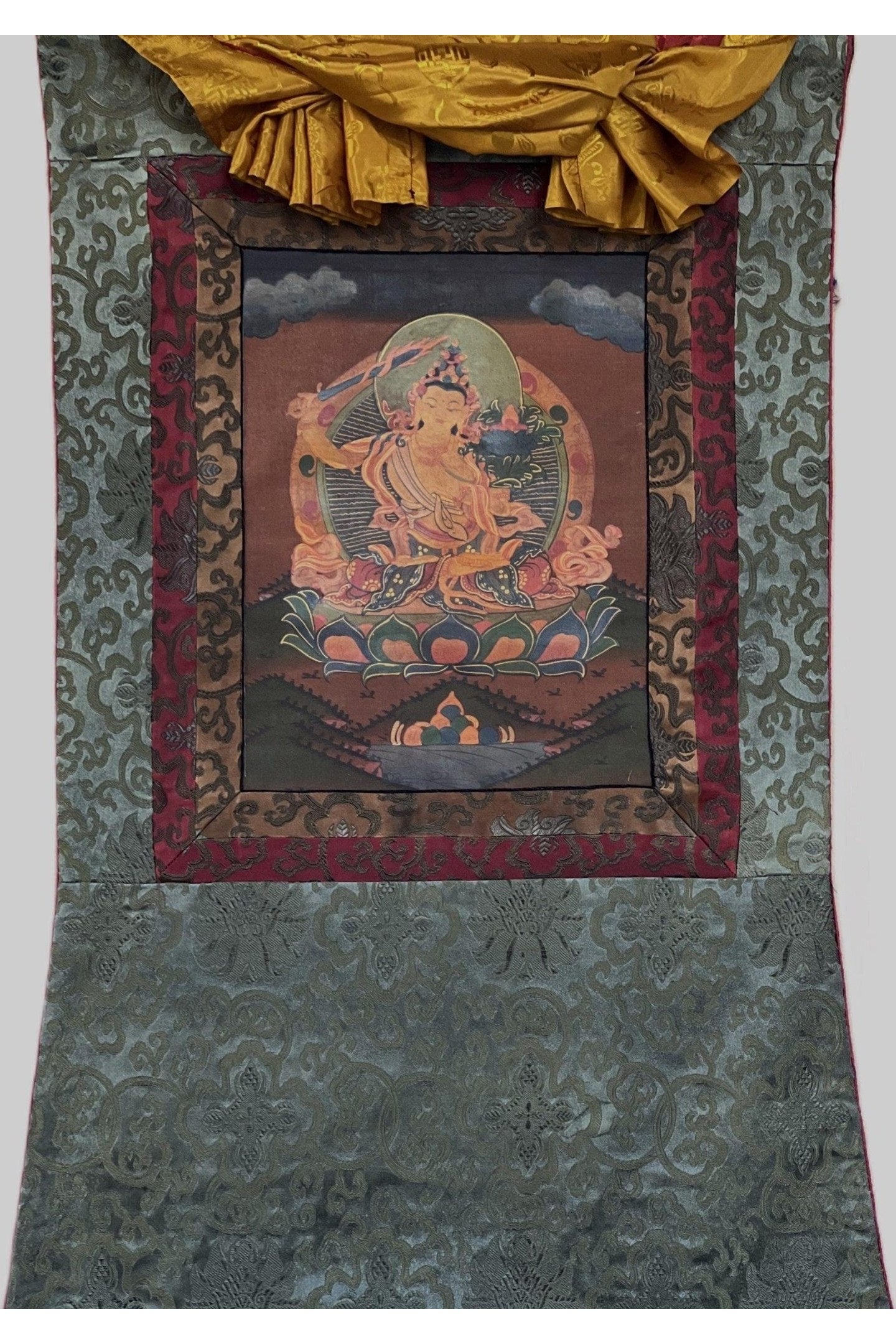 Manjushri/ Manjusri/ Manjushree Old Oil Varnished Tibetan Thangka Painting, Original Art with Silk Brocade - Tibetan Thangka Art