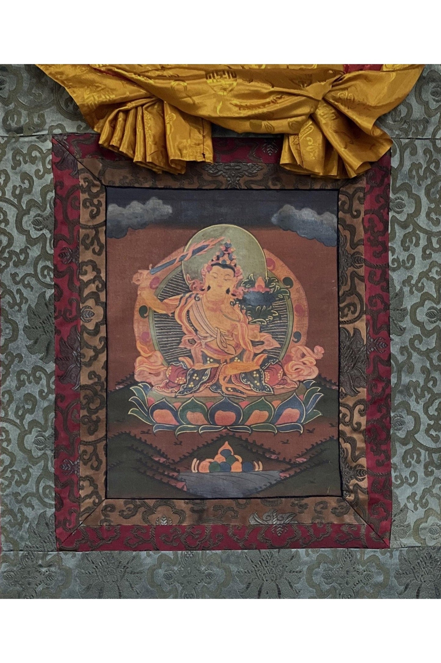 Manjushri/ Manjusri/ Manjushree Old Oil Varnished Tibetan Thangka Painting, Original Art with Silk Brocade - Tibetan Thangka Art