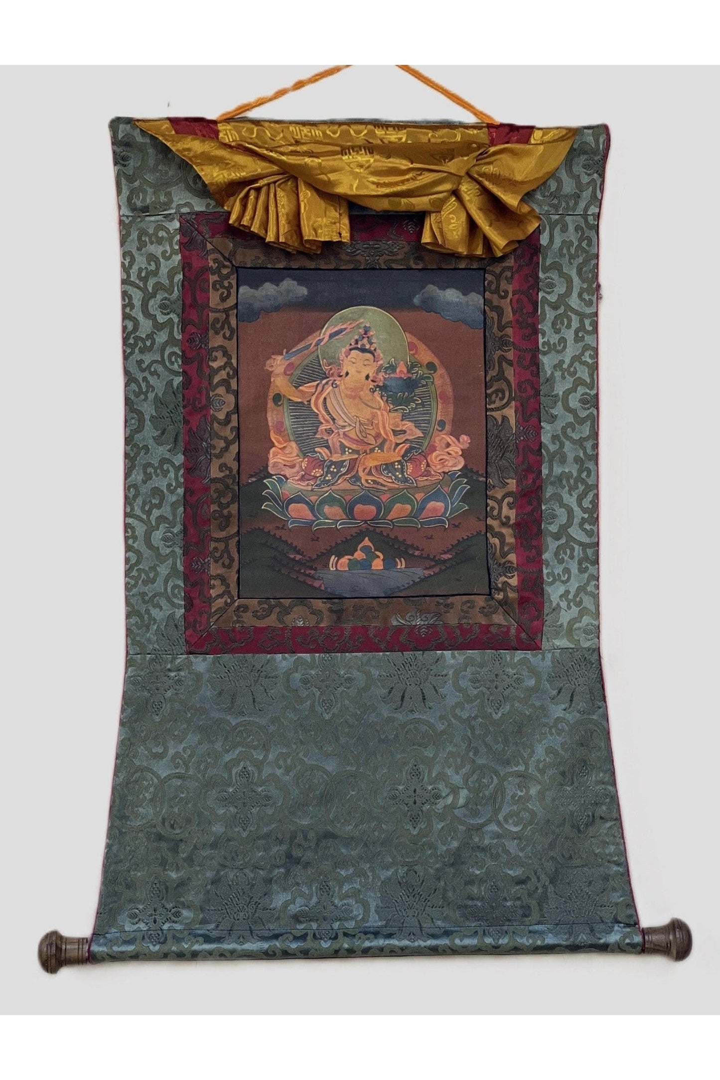 Manjushri/ Manjusri/ Manjushree Old Oil Varnished Tibetan Thangka Painting, Original Art with Silk Brocade - Tibetan Thangka Art
