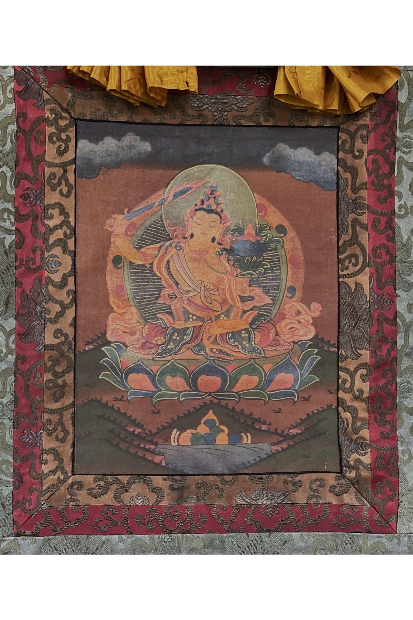 Manjushri/ Manjusri/ Manjushree Old Oil Varnished Tibetan Thangka Painting, Original Art with Silk Brocade - Tibetan Thangka Art