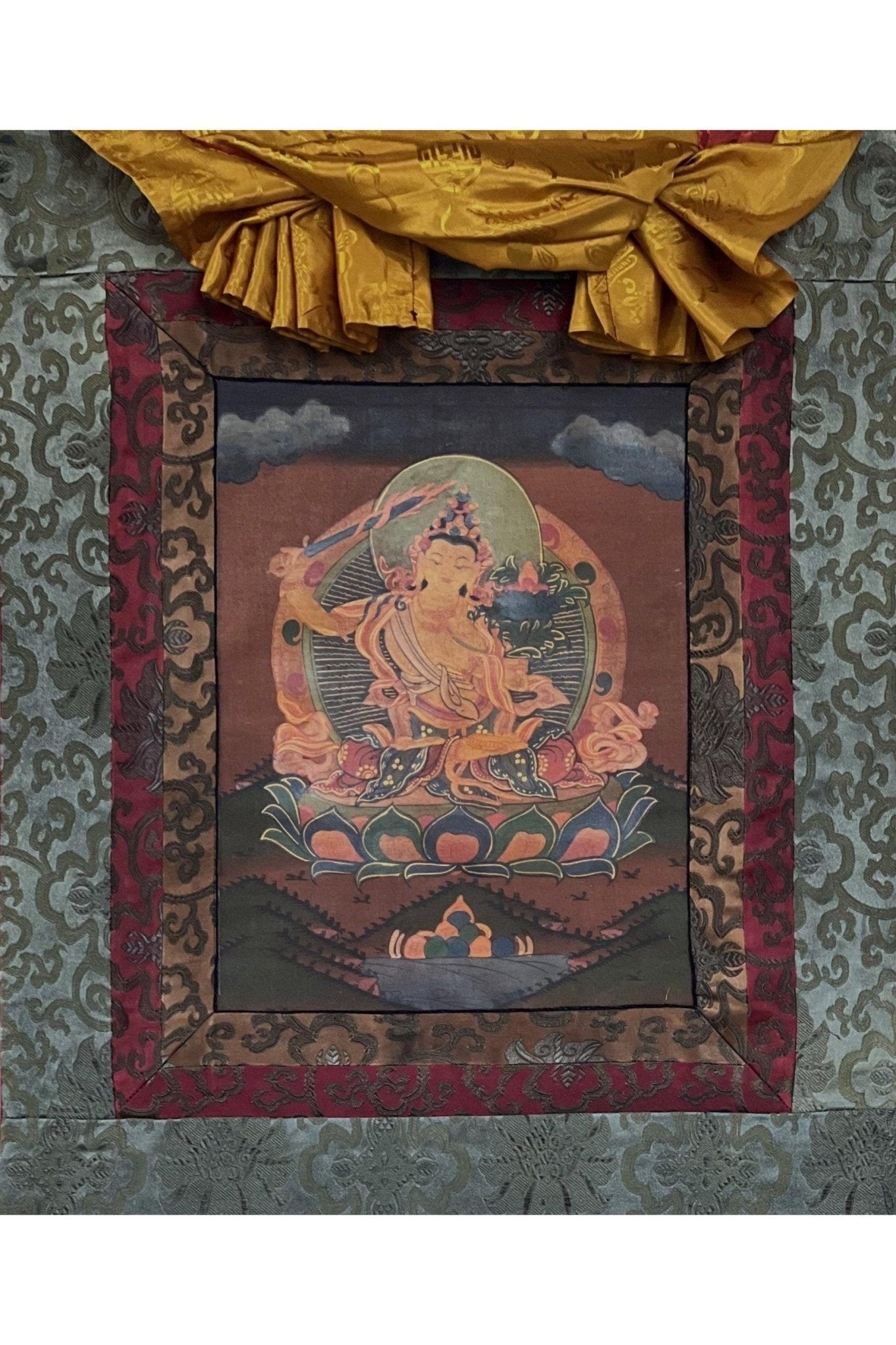 Manjushri/ Manjusri/ Manjushree Old Oil Varnished Tibetan Thangka Painting, Original Art with Silk Brocade - Tibetan Thangka Art