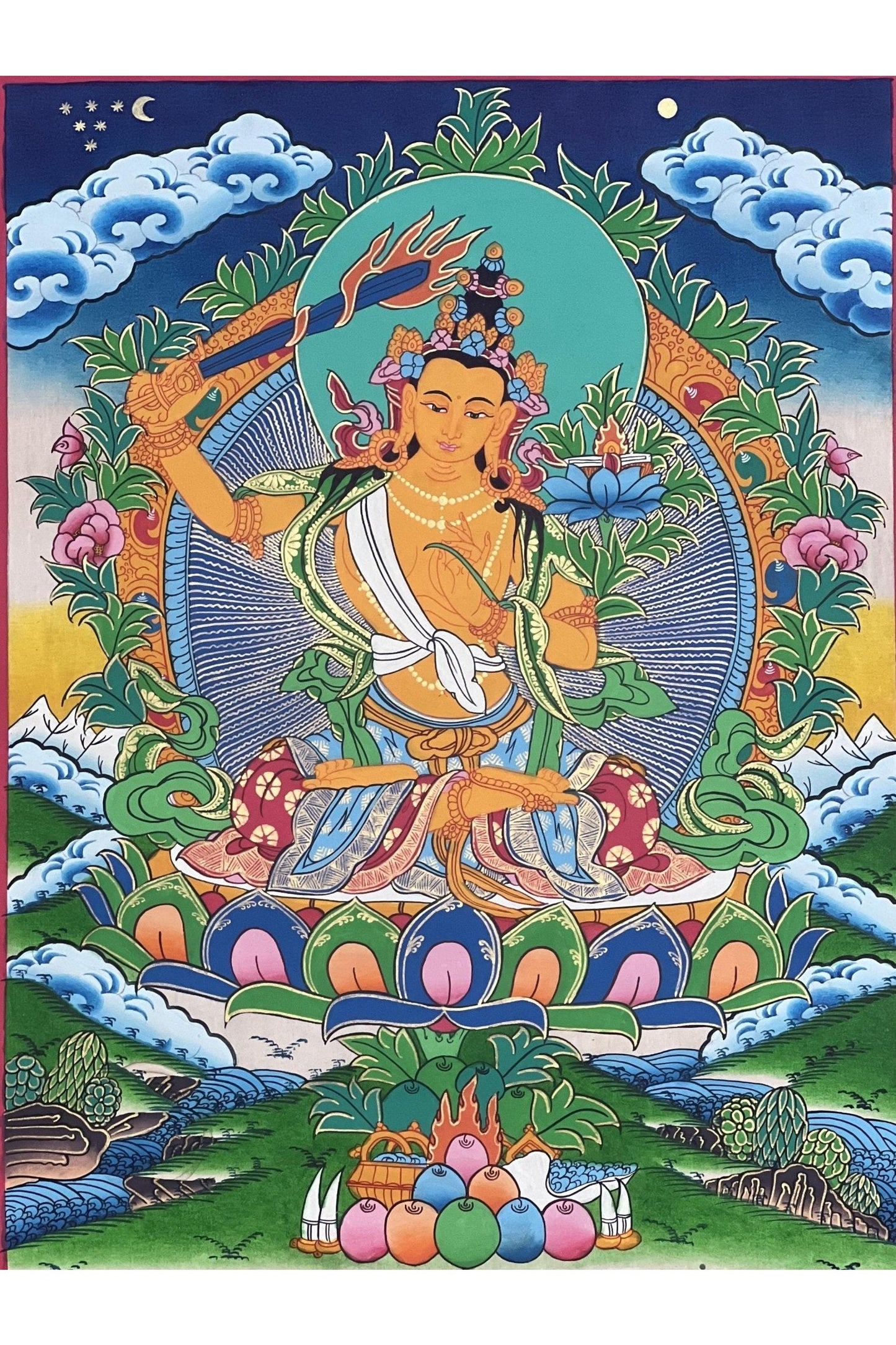 Manjushri/ Manjusri/ Manjushree/Wisdom Bodhisattva Master Quality, Hand - painted Original Tibetan Thangka Painting, Meditation Art - Tibetan Thangka Art