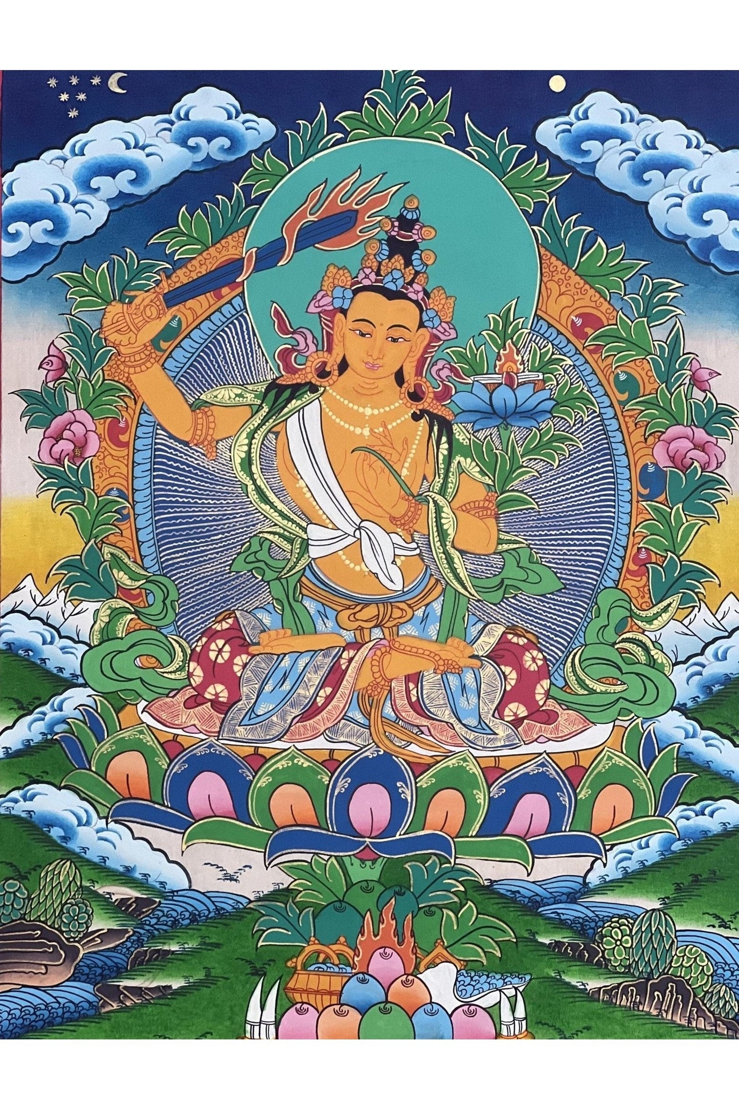Manjushri/ Manjusri/ Manjushree/Wisdom Bodhisattva Master Quality, Hand - painted Original Tibetan Thangka Painting, Meditation Art - Tibetan Thangka Art