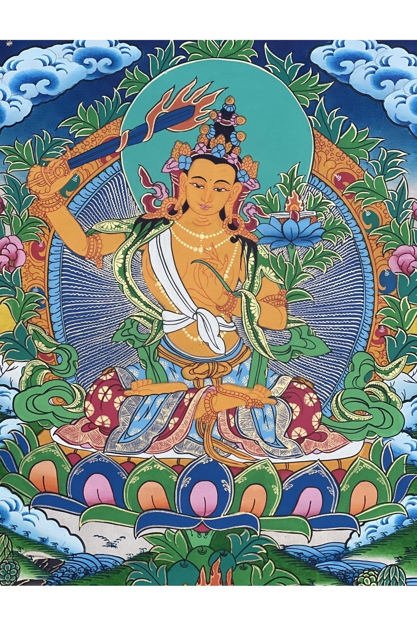 Manjushri/ Manjusri/ Manjushree/Wisdom Bodhisattva Master Quality, Hand - painted Original Tibetan Thangka Painting, Meditation Art - Tibetan Thangka Art
