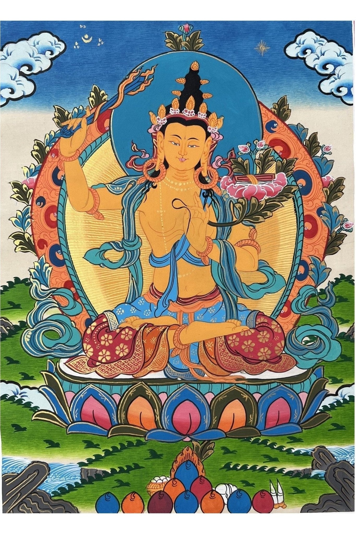 Manjushri/Manjusri/Manjushree/ Bodhisattva of Compassion Master Quality Original Tibetan Thangka Painting/Buddhist Meditation Art - Tibetan Thangka Art