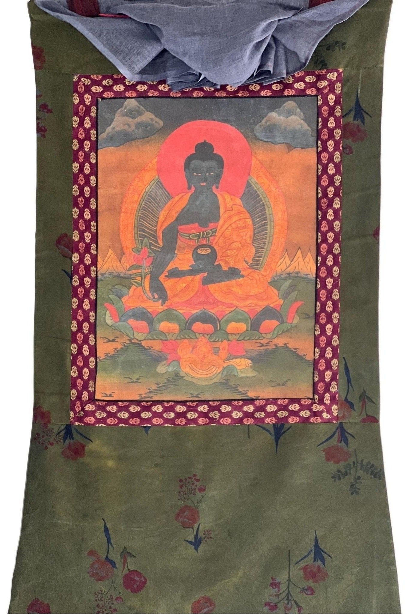 Medicine Buddha/ Bhaisajyaguru Buddha of Healing Tibetan Thangka Painting Old Oil - Varnished/ Original Hand Painting with Cotton Brocade - Tibetan Thangka Art