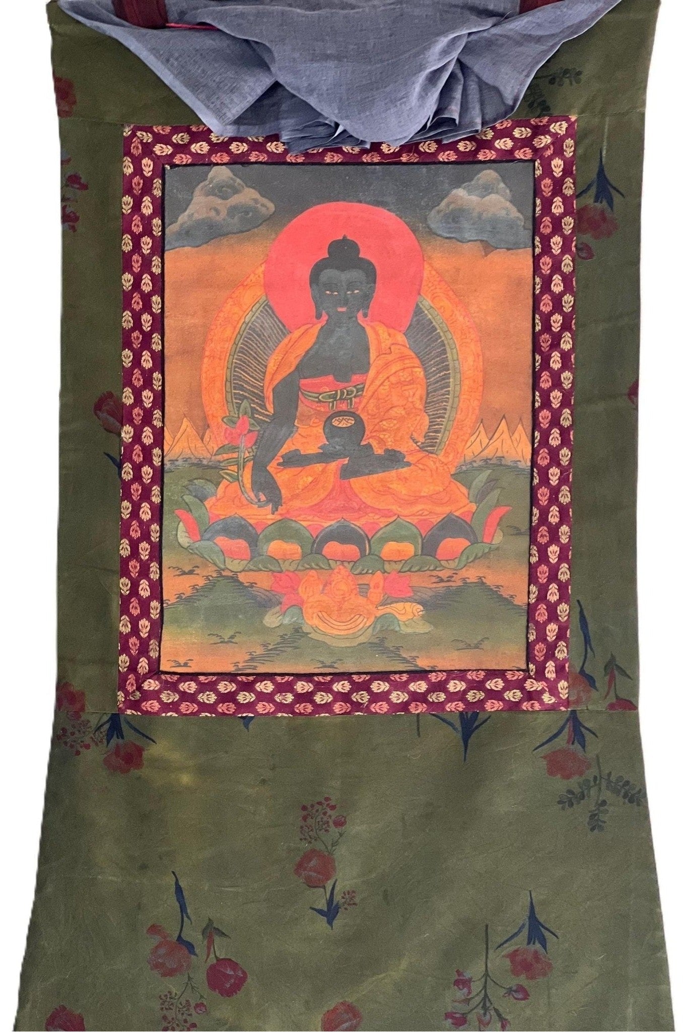 Medicine Buddha/ Bhaisajyaguru Buddha of Healing Tibetan Thangka Painting Old Oil - Varnished/ Original Hand Painting with Cotton Brocade - Tibetan Thangka Art
