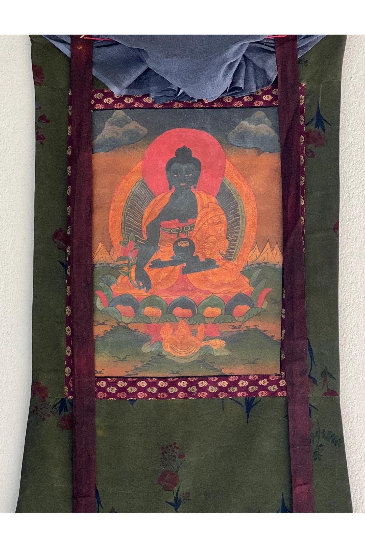 Medicine Buddha/ Bhaisajyaguru Buddha of Healing Tibetan Thangka Painting Old Oil - Varnished/ Original Hand Painting with Cotton Brocade - Tibetan Thangka Art