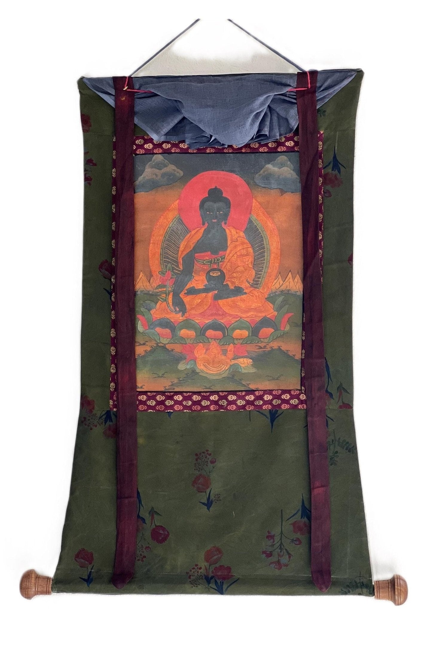 Medicine Buddha/ Bhaisajyaguru Buddha of Healing Tibetan Thangka Painting Old Oil - Varnished/ Original Hand Painting with Cotton Brocade - Tibetan Thangka Art