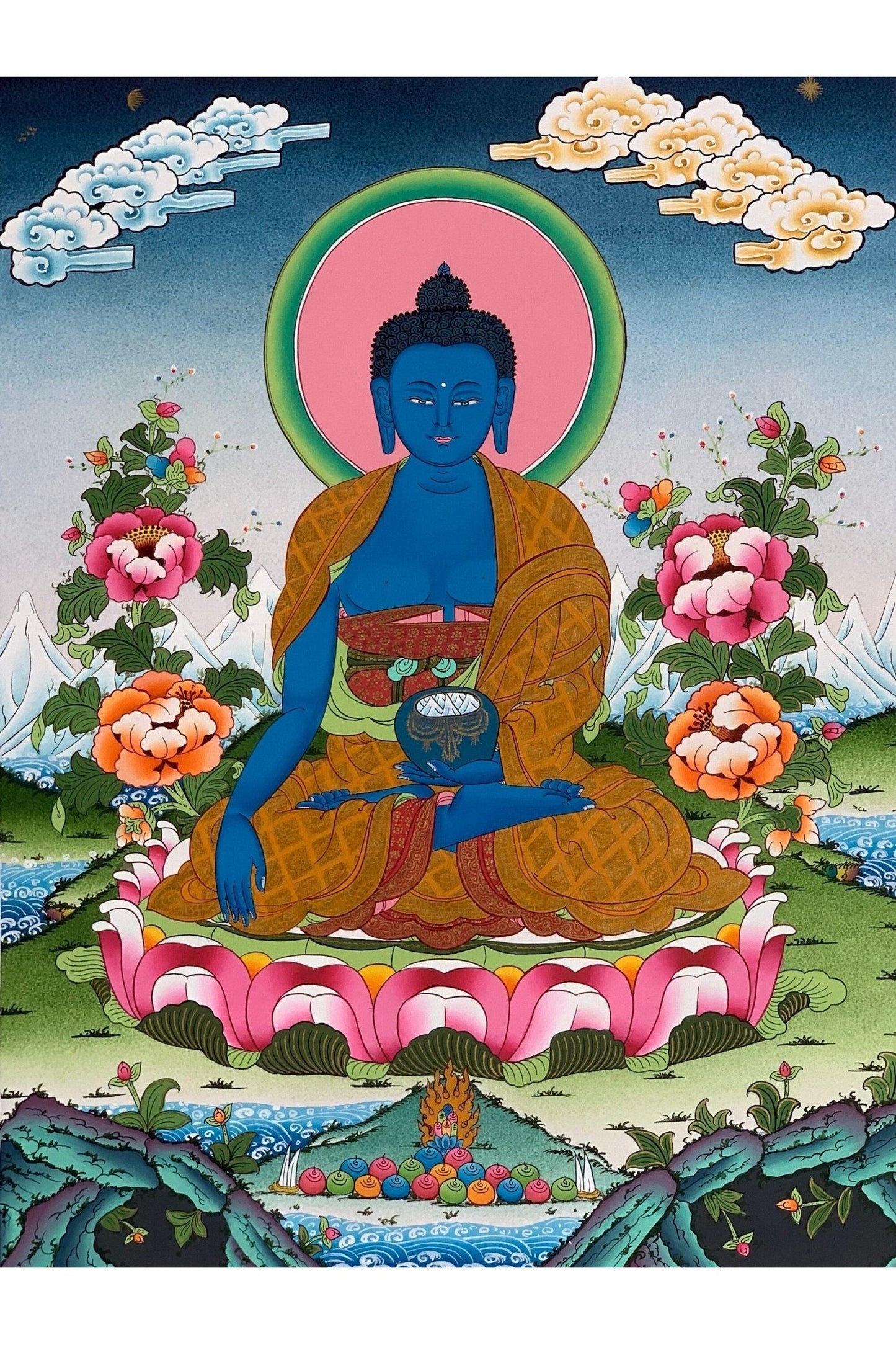 Medicine Buddha/ Bhaisajyaguru/ Master Healer Master - Quality Masterpiece Tibetan Thangka Painting/ Original Buddhist Meditation Art - Tibetan Thangka Art