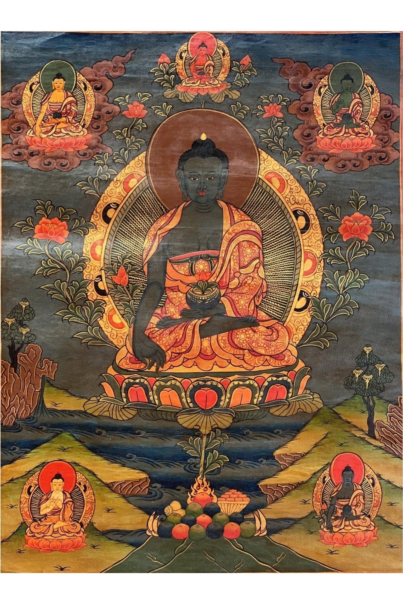 Medicine Buddha/ Bhaisajyaguru/ Master Healer Tibetan Thangka Painting Old Oil - Varnished Original Hand Painting/Buddhist Art - Tibetan Thangka Art