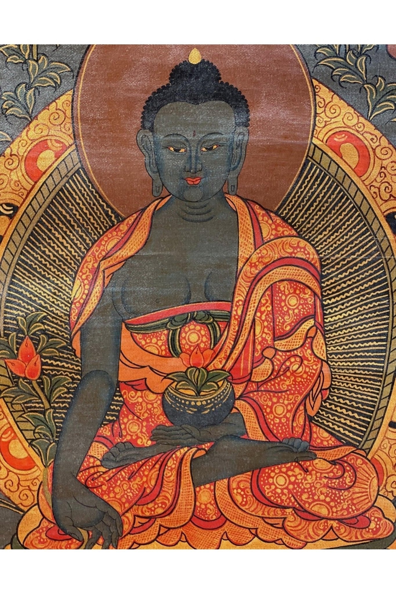 Medicine Buddha/ Bhaisajyaguru/ Master Healer Tibetan Thangka Painting Old Oil - Varnished Original Hand Painting/Buddhist Art - Tibetan Thangka Art