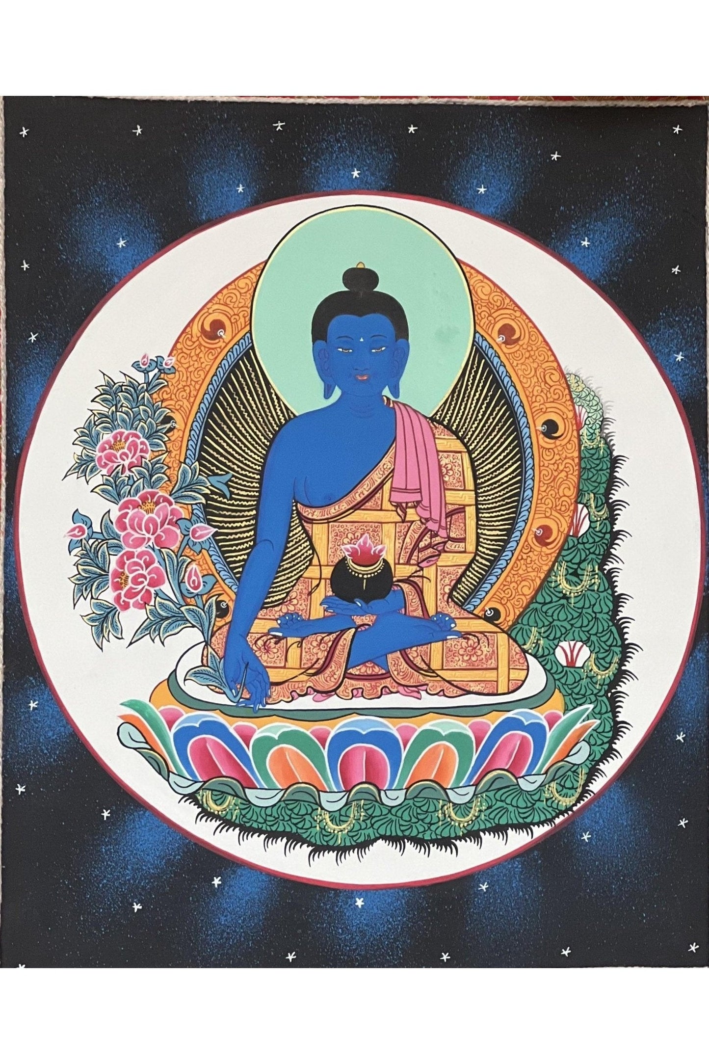 Medicine Buddha/ Bhaisajyaguru Master Heraler High - Quality Masterpiece Tibetan Thangka Painting Original Art with Silk Frame - Tibetan Thangka Art