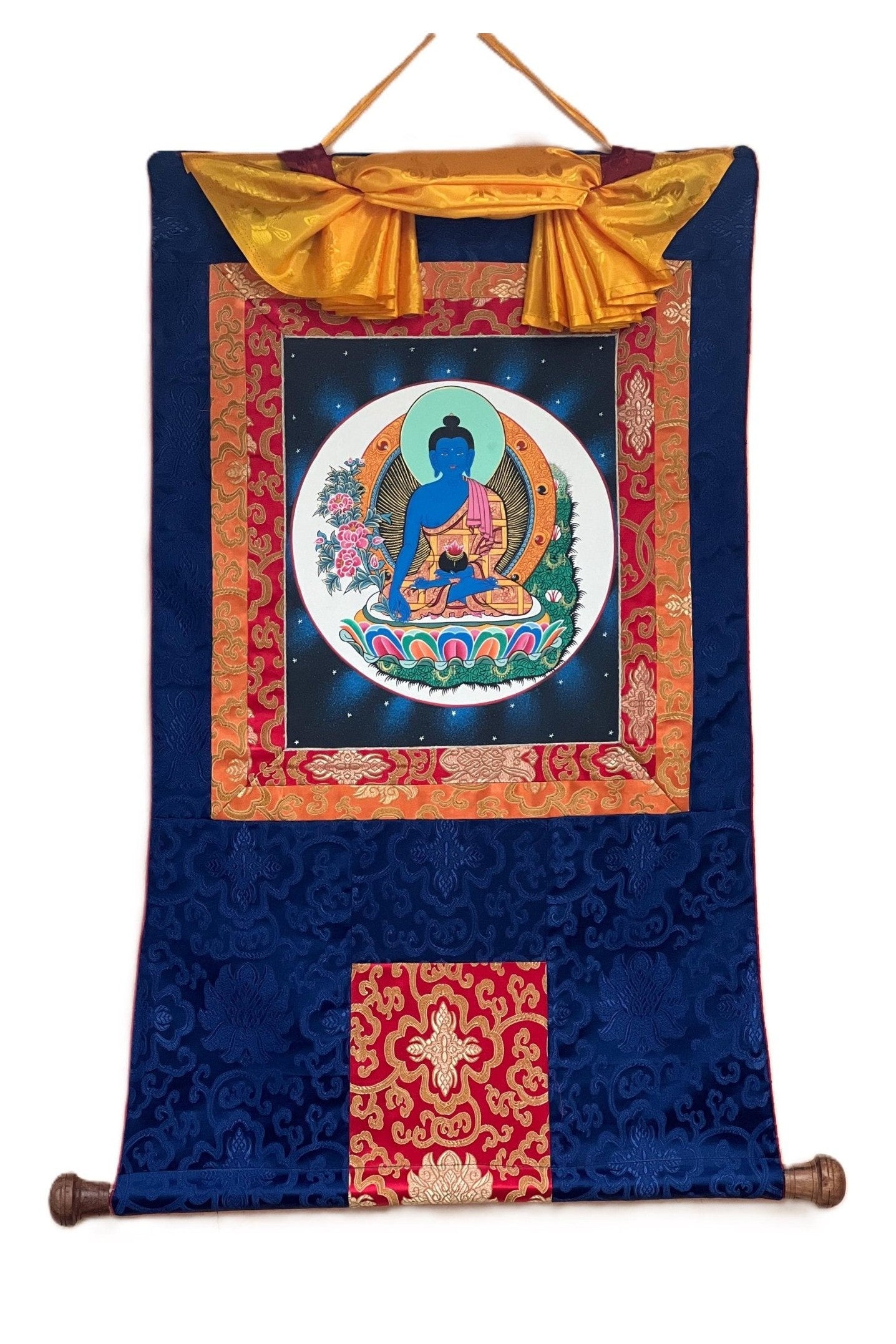 Medicine Buddha/ Bhaisajyaguru Master Heraler High - Quality Masterpiece Tibetan Thangka Painting Original Art with Silk Frame - Tibetan Thangka Art
