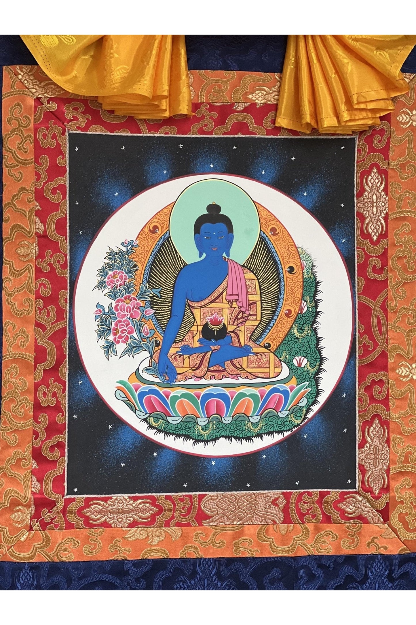 Medicine Buddha/ Bhaisajyaguru Master Heraler High - Quality Masterpiece Tibetan Thangka Painting Original Art with Silk Frame - Tibetan Thangka Art