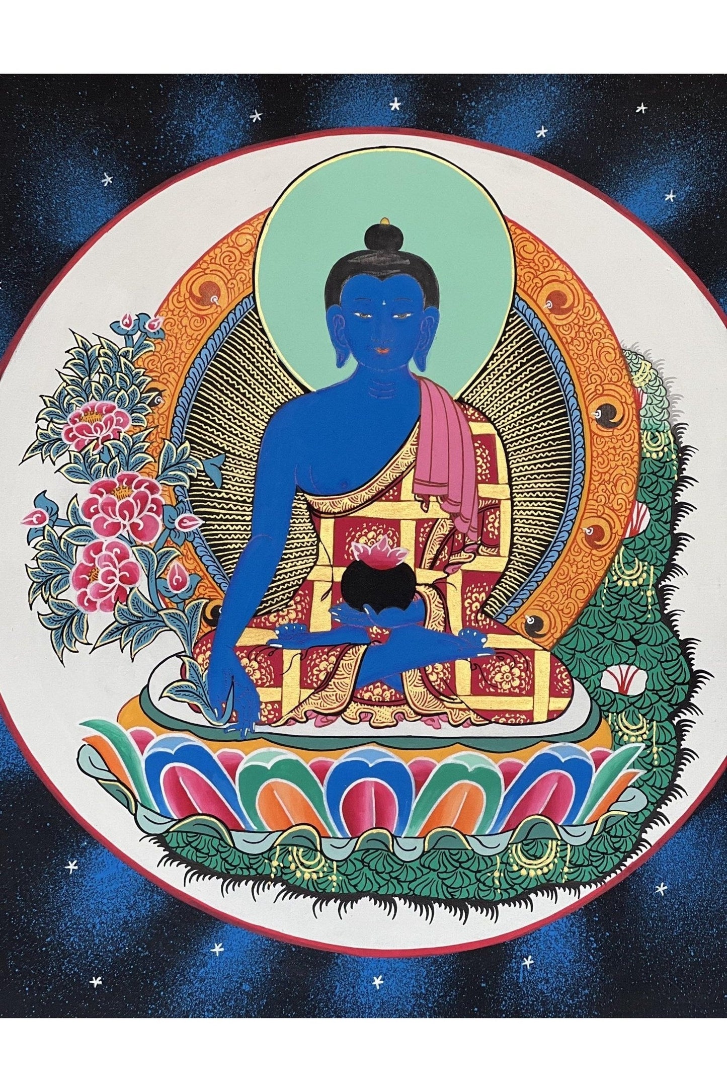 Medicine Buddha/ Bhaisajyaguru Master Heraler High - Quality Masterpiece Tibetan Thangka Painting Original Art with Silk Frame - Tibetan Thangka Art