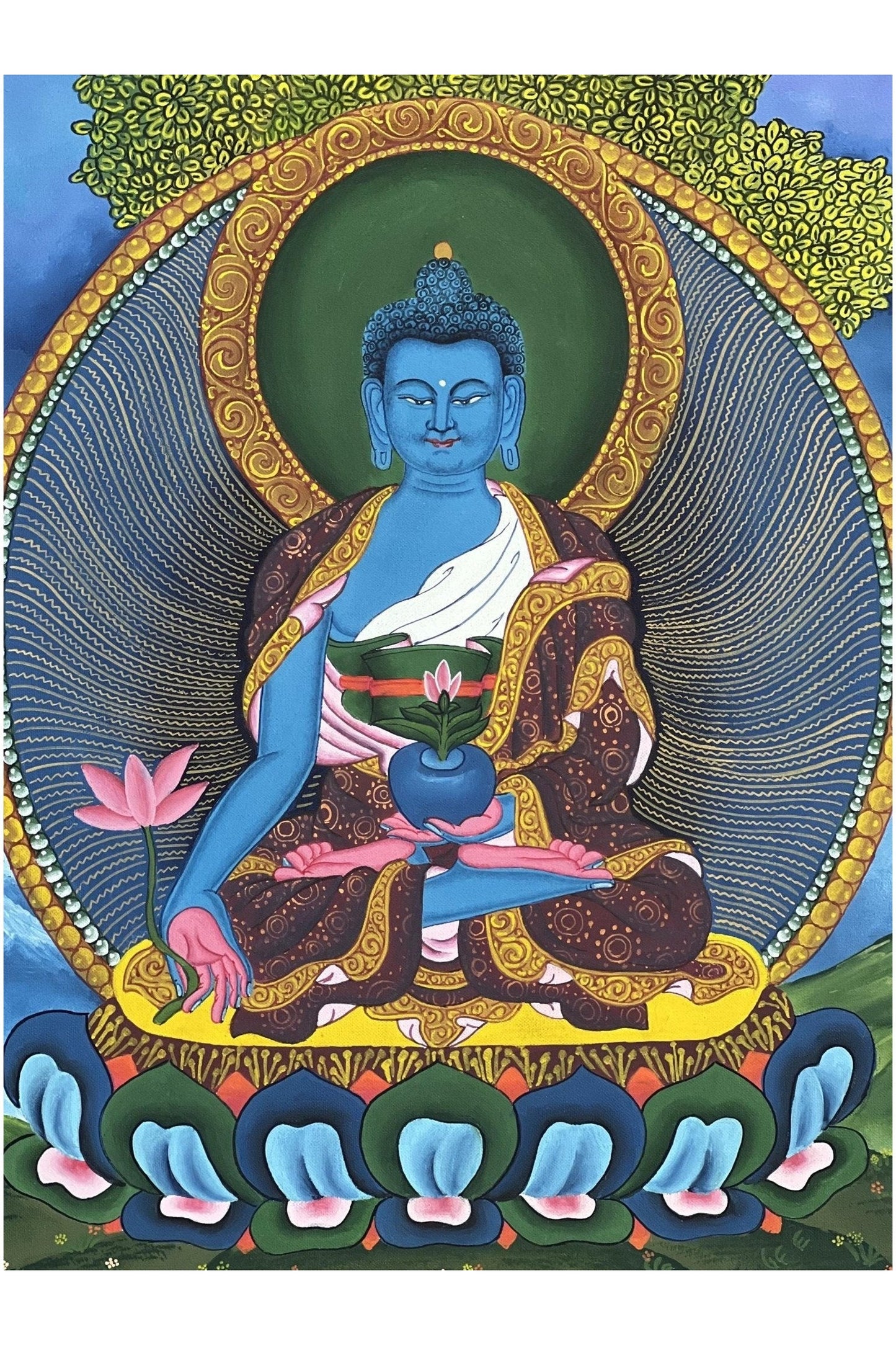 Medicine Buddha/ BhaisajyaGuru / Medicine Master Healer / Newari Paubha Style Tibetan Thangka Painting/ Original Buddhist Art - Tibetan Thangka Art