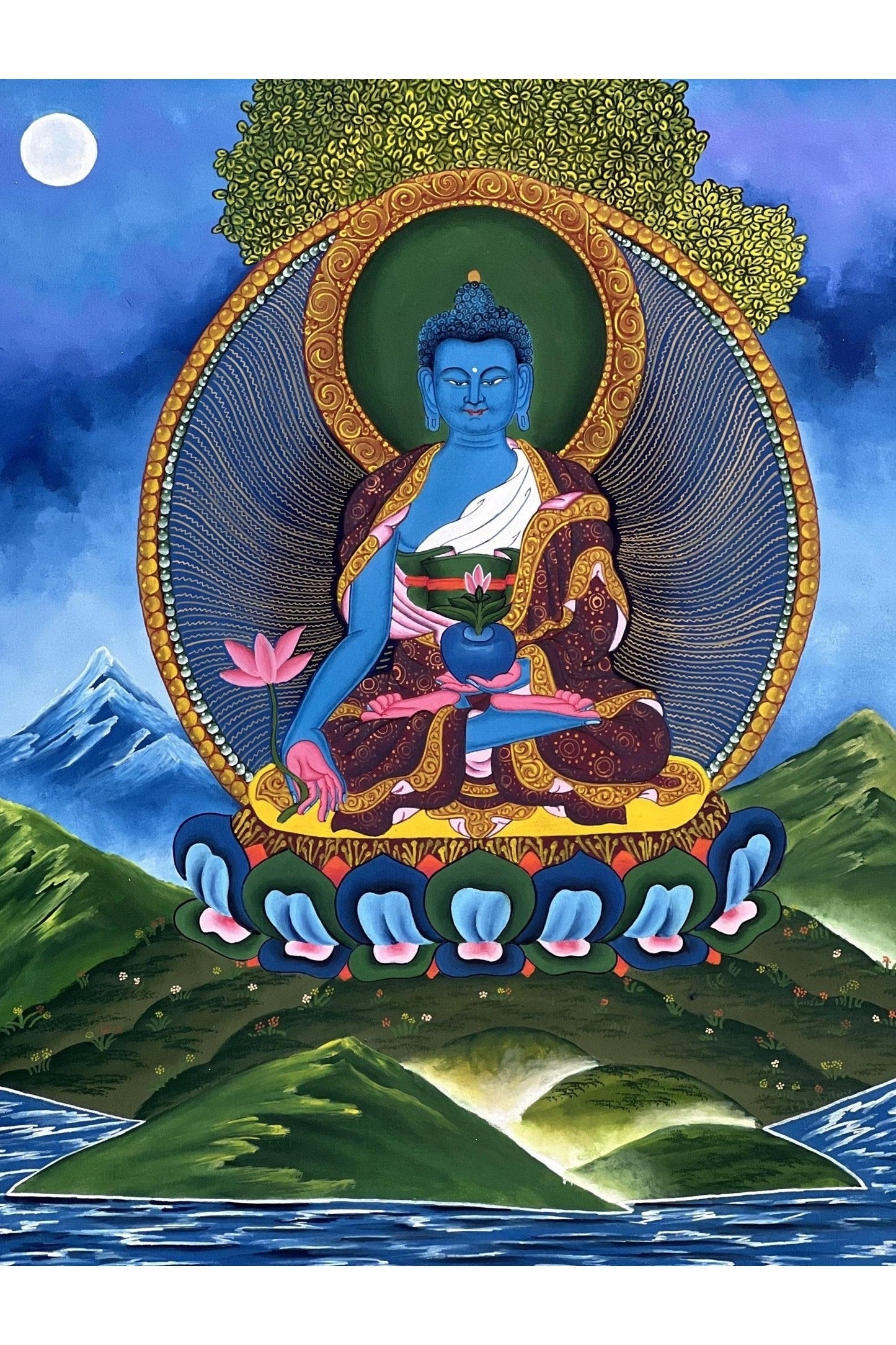 Medicine Buddha/ BhaisajyaGuru / Medicine Master Healer / Newari Paubha Style Tibetan Thangka Painting/ Original Buddhist Art - Tibetan Thangka Art