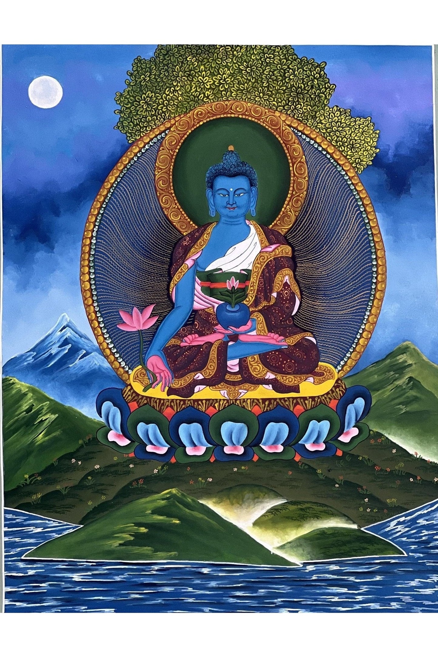 Medicine Buddha/ BhaisajyaGuru / Medicine Master Healer / Newari Paubha Style Tibetan Thangka Painting/ Original Buddhist Art - Tibetan Thangka Art