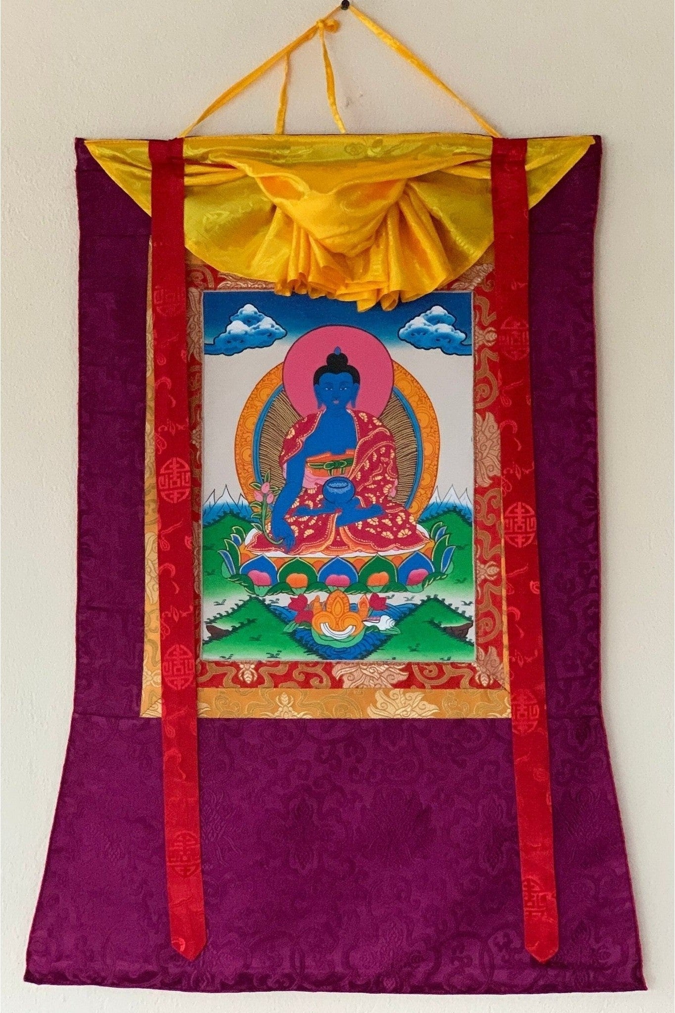 Medicine Buddha/ Medicine Guru/ Tibetan Thangka Painting Original Buddhist Art Framed with Silk Brocade - Tibetan Thangka Art